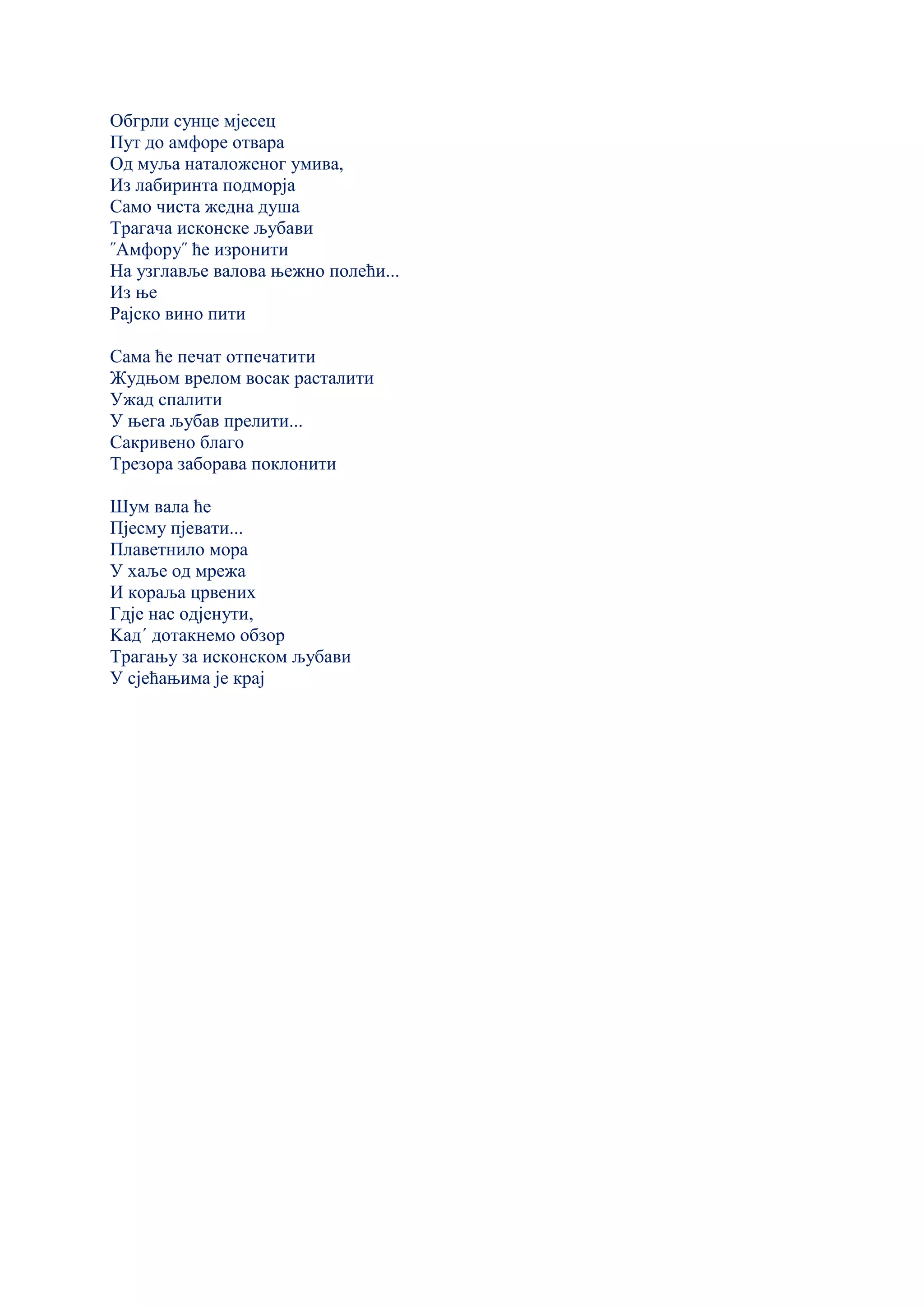 Обгрли сунце мјесец
Пут до амфоре отвара
Од муља наталоженог умива,
Из лабиринта подморја
Само чиста жедна душа
Трагача исконске љубави
˝Амфору˝ ће изронити
На узглавље валова њежно полећи...
Из ње
Рајско вино пити
Сама ће печат отпечатити
Жудњом врелом восак расталити
Ужад спалити
У њега љубав прелити...
Сакривено благо
Трезора заборава поклонити
Шум вала ће
Пјесму пјевати...
Плаветнило мора
У хаље од мрежа
И кораља црвених
Гдје нас одјенути,
Kад´ дотакнемо обзор
Трагању за исконском љубави
У сјећањима је крај
 