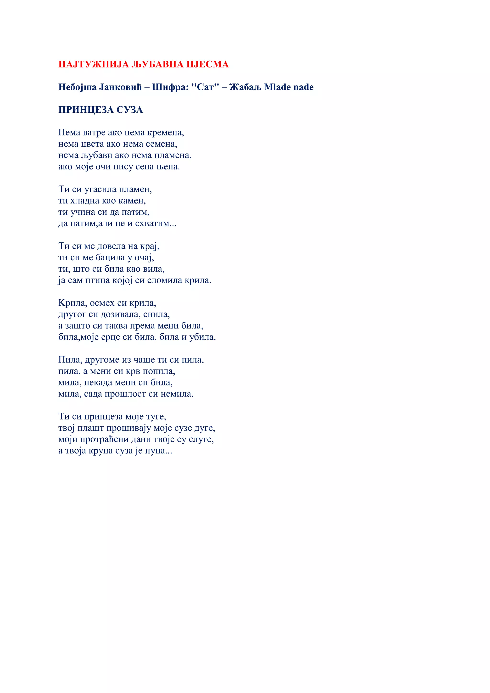 НАЈТУЖНИЈА ЉУБАВНА ПЈЕСМА
Небојша Јанковић – Шифра: ''Сат'' – Жабаљ Mlade nade
ПРИНЦЕЗА СУЗА
Нема ватре ако нема кремена,
нема цвета ако нема семена,
нема љубави ако нема пламена,
ако моје очи нису сена њена.
Ти си угасила пламен,
ти хладна као камен,
ти учина си да патим,
да патим,али не и схватим...
Ти си ме довела на крај,
ти си ме бацила у очај,
ти, што си била као вила,
ја сам птица којој си сломила крила.
Kрила, осмех си крила,
другог си дозивала, снила,
а зашто си таква према мени била,
била,моје срце си била, била и убила.
Пила, другоме из чаше ти си пила,
пила, а мени си крв попила,
мила, некада мени си била,
мила, сада прошлост си немила.
Ти си принцеза моје туге,
твој плашт прошивају моје сузе дуге,
моји протраћени дани твоје су слуге,
а твоја круна суза је пуна...
 