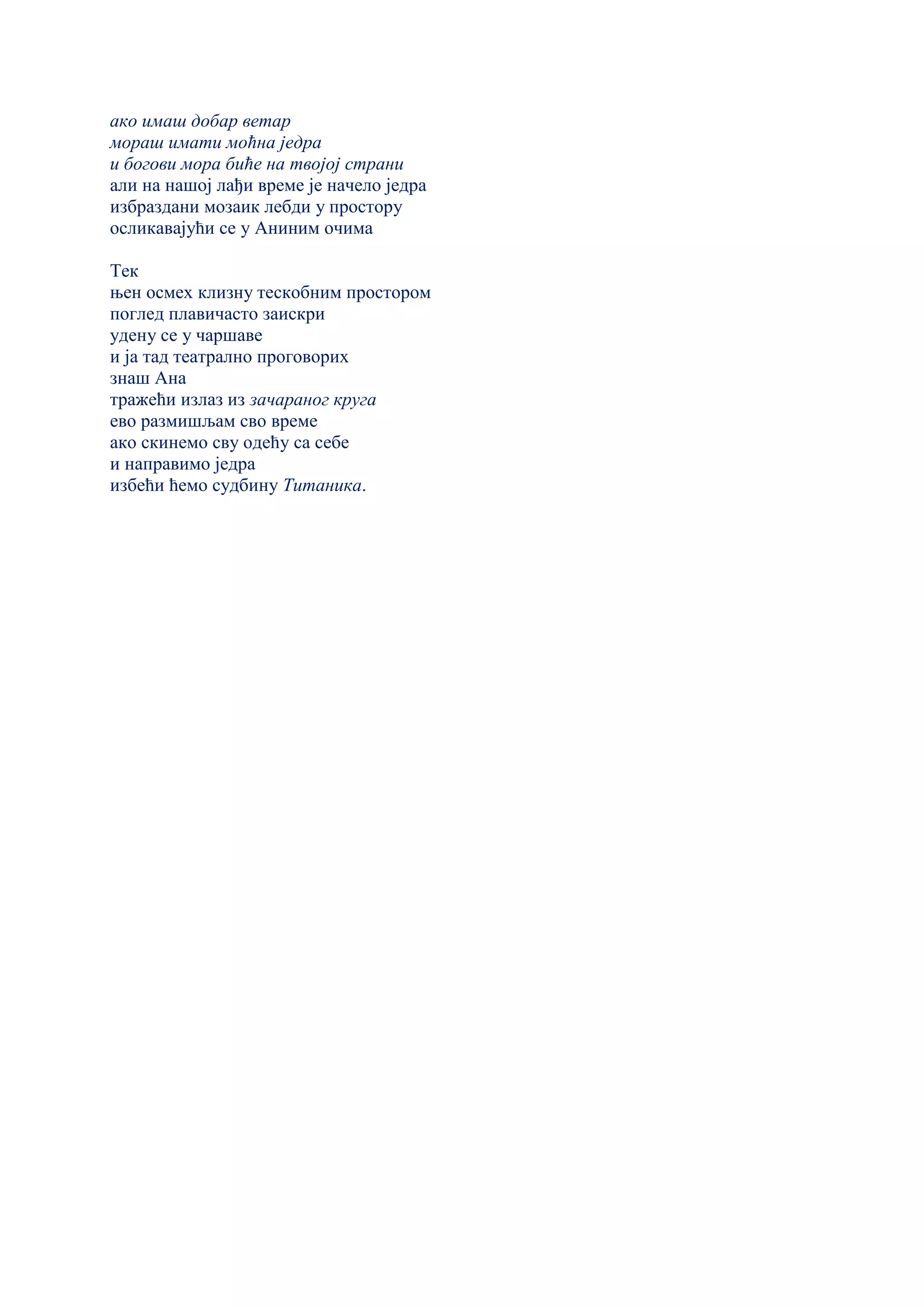 ако имаш добар ветар
мораш имати моћна једра
и богови мора биће на твојој страни
али на нашој лађи време је начело једра
избраздани мозаик лебди у простору
осликавајући се у Аниним очима
Тек
њен осмех клизну тескобним простором
поглед плавичасто заискри
удену се у чаршаве
и ја тад театрално проговорих
знаш Ана
тражећи излаз из зачараног круга
ево размишљам сво време
ако скинемо сву одећу са себе
и направимо једра
избећи ћемо судбину Титаника.
 