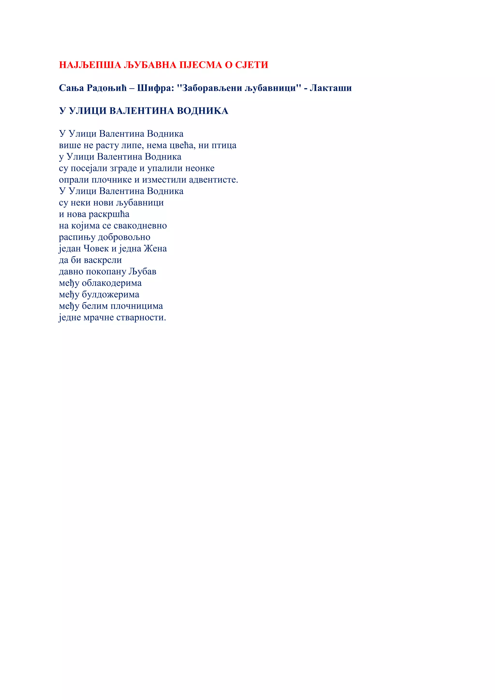 НАЈЉЕПША ЉУБАВНА ПЈЕСМА О СЈЕТИ
Сања Радоњић – Шифра: ''Заборављени љубавници'' - Лакташи
У УЛИЦИ ВАЛЕНТИНА ВОДНИKА
У Улици Валентина Водника
више не расту липе, нема цвећа, ни птица
у Улици Валентина Водника
су посејали зграде и упалили неонке
опрали плочнике и изместили адвентисте.
У Улици Валентина Водника
су неки нови љубавници
и нова раскршћа
на којима се свакодневно
распињу добровољно
један Човек и једна Жена
да би васкрсли
давно покопану Љубав
међу облакодерима
међу булдожерима
међу белим плочницима
једне мрачне стварности.
 