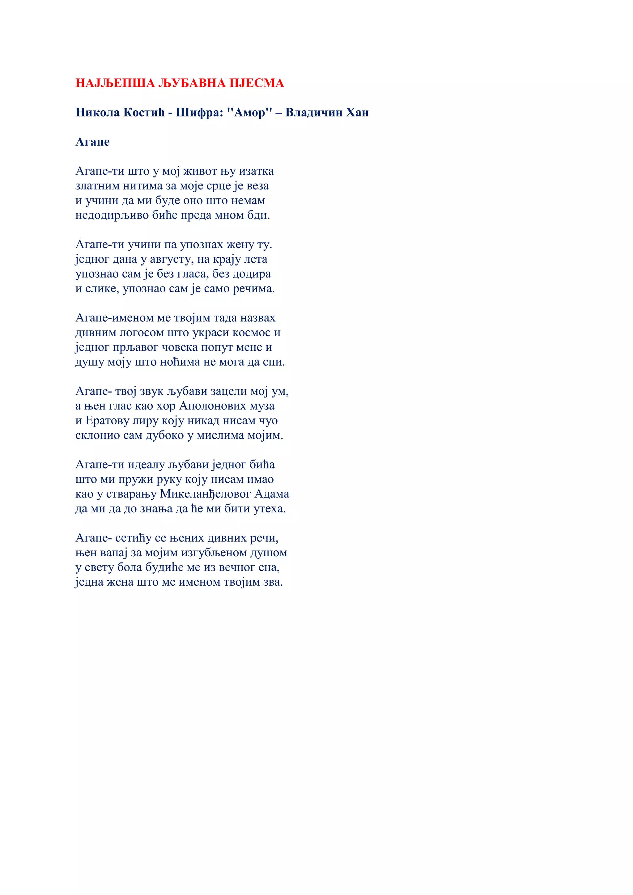 НАЈЉЕПША ЉУБАВНА ПЈЕСМА
Никола Костић - Шифра: ''Амор'' – Владичин Хан
Агапе
Агапе-ти што у мој живот њу изатка
златним нитима за моје срце је веза
и учини да ми буде оно што немам
недодирљиво биће преда мном бди.
Агапе-ти учини па упознах жену ту.
једног дана у августу, на крају лета
упознао сам је без гласа, без додира
и слике, упознао сам је само речима.
Агапе-именом ме твојим тада назвах
дивним логосом што украси космос и
једног прљавог човека попут мене и
душу моју што ноћима не мога да спи.
Агапе- твој звук љубави зацели мој ум,
а њен глас као хор Аполонових муза
и Ератову лиру коју никад нисам чуо
склонио сам дубоко у мислима мојим.
Агапе-ти идеалу љубави једног бића
што ми пружи руку коју нисам имао
као у стварању Микеланђеловог Адама
да ми да до знања да ће ми бити утеха.
Агапе- сетићу се њених дивних речи,
њен вапај за мојим изгубљеном душом
у свету бола будиће ме из вечног сна,
једна жена што ме именом твојим зва.
 