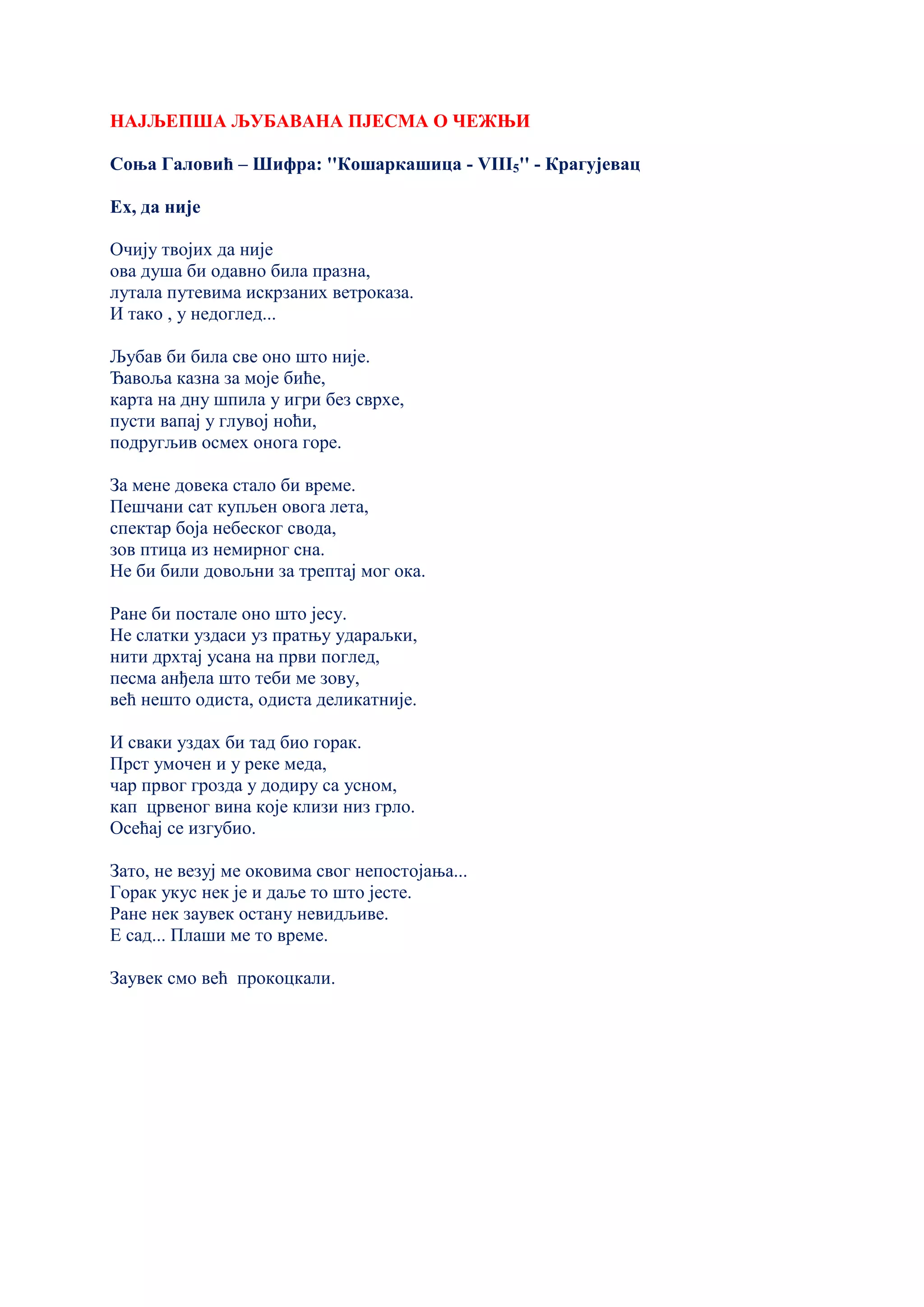 НАЈЉЕПША ЉУБАВАНА ПЈЕСМА О ЧЕЖЊИ
Соња Галовић – Шифра: ''Кошаркашица - VIII5'' - Крагујевац
Ех, да није
Очију твојих да није
ова душа би одавно била празна,
лутала путевима искрзаних ветроказа.
И тако , у недоглед...
Љубав би била све оно што није.
Ђавоља казна за моје биће,
карта на дну шпила у игри без сврхе,
пусти вапај у глувој ноћи,
подругљив осмех онога горе.
За мене довека стало би време.
Пешчани сат купљен овога лета,
спектар боја небеског свода,
зов птица из немирног сна.
Не би били довољни за трептај мог ока.
Ране би постале оно што јесу.
Не слатки уздаси уз пратњу удараљки,
нити дрхтај усана на први поглед,
песма анђела што теби ме зову,
већ нешто одиста, одиста деликатније.
И сваки уздах би тад био горак.
Прст умочен и у реке меда,
чар првог грозда у додиру са усном,
кап црвеног вина које клизи низ грло.
Осећај се изгубио.
Зато, не везуј ме оковима свог непостојања...
Горак укус нек је и даље то што јесте.
Ране нек заувек остану невидљиве.
Е сад... Плаши ме то време.
Заувек смо већ прокоцкали.
 