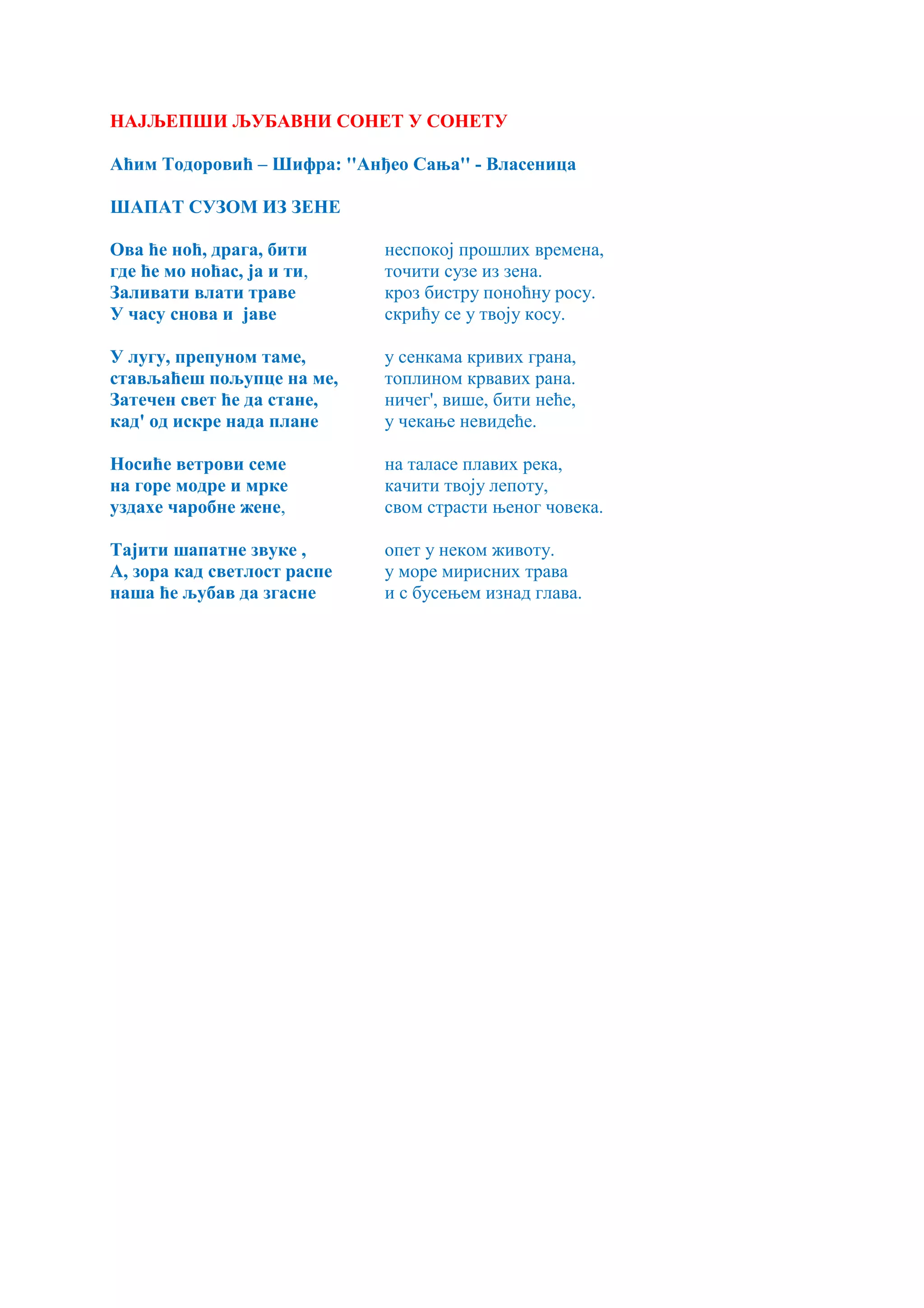 НАЈЉЕПШИ ЉУБАВНИ СОНЕТ У СОНЕТУ
Аћим Тодоровић – Шифра: ''Анђео Сања'' - Власеница
ШАПАТ СУЗОМ ИЗ ЗЕНЕ
Ова ће ноћ, драга, бити неспокој прошлих времена,
где ће мо ноћас, ја и ти, точити сузе из зена.
Заливати влати траве кроз бистру поноћну росу.
У часу снова и јаве скрићу се у твоју косу.
У лугу, препуном таме, у сенкама кривих грана,
стављаћеш пољупце на ме, топлином крвавих рана.
Затечен свет ће да стане, ничег', више, бити неће,
кад' од искре нада плане у чекање невидеће.
Носиће ветрови семе на таласе плавих река,
на горе модре и мрке качити твоју лепоту,
уздахе чаробне жене, свом страсти њеног човека.
Тајити шапатне звуке , опет у неком животу.
А, зора кад светлост распе у море мирисних трава
наша ће љубав да згасне и с бусењем изнад глава.
 