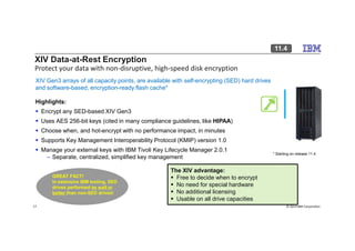 XIV Data-at-Rest Encryption
Protect your data with non-disruptive, high-speed disk encryption
Highlights:
Encrypt any SED-based XIV Gen3
Uses AES 256-bit keys (cited in many compliance guidelines, like HIPAA)
XIV Gen3 arrays of all capacity points, are available with self-encrypting (SED) hard drives
and software-based, encryption-ready flash cache*
11.4
© 2014 IBM Corporation17
Choose when, and hot-encrypt with no performance impact, in minutes
Supports Key Management Interoperability Protocol (KMIP) version 1.0
Manage your external keys with IBM Tivoli Key Lifecycle Manager 2.0.1
– Separate, centralized, simplified key management
The XIV advantage:
Free to decide when to encrypt
No need for special hardware
No additional licensing
Usable on all drive capacities
GREAT FACT!GREAT FACT!
In extensive IBM testing, SED
drives performed as well or
better than non-SED drives!
* Starting on release 11.4
 