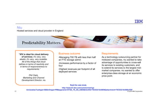 Niu
Hosted services and cloud provider in England
“XIV is ideal for cloud delivery Business outcome Requirements
Predictability Matters.
© 2014 IBM Corporation27
of services. It’s very, very
elastic; it’s very, very scalable.
All of the things that cloud
defines in terms of reactivity and
in terms of responsiveness to
requirements.”
Phil Clark,
Marketing and Channel
Development Director, niu
Read the case study
http://www-01.ibm.com/common/ssi/cgi-
bin/ssialias?subtype=AB&infotype=PM&appname=STGE_TS_DS_USEN&htmlfid=TSC03214USEN&attachment=TSC03214USEN.PDF
•Managing 700 TB with less than half
an FTE storage admin
•Increases performance by a factor of
four
•Highest revenues per footprint of all
deployed services
As a technology outsourcing partner for
midsized companies, niu wanted to take
advantage of opportunities to cross-sell
its services to existing customers, and
to extend its services to the largest mid-
market companies. niu wanted to offer
enterprise-class storage at an economic
price point.
 