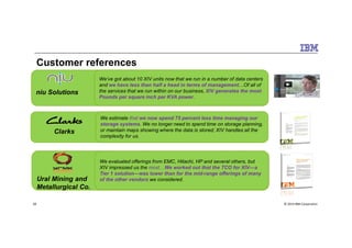 Customer references
niu Solutionsniu Solutions
We estimate that we now spend 75 percent less time managing our
storage systems. We no longer need to spend time on storage planning,
We estimate that we now spend 75 percent less time managing our
storage systems. We no longer need to spend time on storage planning,
We’ve got about 10 XIV units now that we run in a number of data centers
and we have less than half a head in terms of management…Of all of
the services that we run within on our business, XIV generates the most
Pounds per square inch per KVA power.
We’ve got about 10 XIV units now that we run in a number of data centers
and we have less than half a head in terms of management…Of all of
the services that we run within on our business, XIV generates the most
Pounds per square inch per KVA power.
© 2014 IBM Corporation28
Ural Mining and
Metallurgical Co.
Ural Mining and
Metallurgical Co.
ClarksClarks
storage systems. We no longer need to spend time on storage planning,
or maintain maps showing where the data is stored; XIV handles all the
complexity for us.
storage systems. We no longer need to spend time on storage planning,
or maintain maps showing where the data is stored; XIV handles all the
complexity for us.
We evaluated offerings from EMC, Hitachi, HP and several others, but
XIV impressed us the most…We worked out that the TCO for XIV—a
Tier 1 solution—was lower than for the mid-range offerings of many
of the other vendors we considered.
We evaluated offerings from EMC, Hitachi, HP and several others, but
XIV impressed us the most…We worked out that the TCO for XIV—a
Tier 1 solution—was lower than for the mid-range offerings of many
of the other vendors we considered.
 