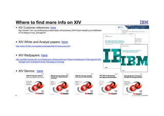 Where to find more info on XIV
XIV Customer references: here
http://www01.ibm.com/software/success/cssdb.nsf/hardwareL2VW?OpenView&Count=30&Restri
ctToCategory=corp_StorageXIV
XIV White and Analyst papers: here
http://www-03.ibm.com/systems/storage/disk/xiv/resources.html
XIV Redpapers: here
Read it
© 2014 IBM Corporation31
http://publibb.boulder.ibm.com/Redbooks.nsf/searchdomain?SearchView&query=%5bsubjects%5d=
Storage+and+xiv&SearchOrder=4&category=Storage
XIV Demos: here
 