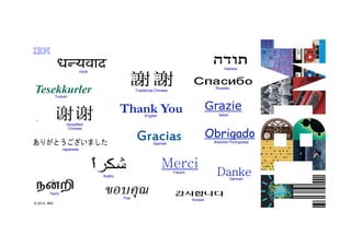 Thank You
Russian
Grazie
ItalianEnglish
Hindi
Simplified
Traditional ChineseTesekkurlerTurkish
Hebrew
© 2012 IBM Corporation© 2014, IBM
Japanese
MerciFrench
DankeGerman
Obrigado
Brazilian Portuguese
Arabic
Tamil
KoreanThai
GraciasSpanish
Simplified
Chinese
 
