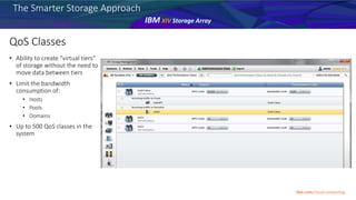 QoS Classes
• Ability to create “virtual tiers”
of storage without the need to
move data between tiers
• Limit the bandwidth
consumption of:
• Hosts
• Pools
• Domains
• Up to 500 QoS classes in the
system
The Smarter Storage Approach
IBM XIV Storage Array
Ibm.com/cloud-computing
 