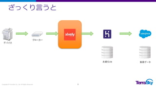 ざっくり言うと
Copyright © TerraSky Co., Ltd. All Rights Reserved. 8
ブローカー
デバイス
永続化DB 業務データ
 