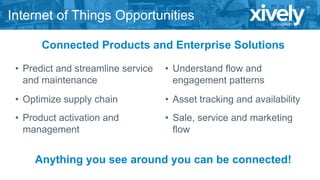 Internet of Things Opportunities
Connected Products and Enterprise Solutions
• Predict and streamline service
and maintenance

• Understand flow and
engagement patterns

• Optimize supply chain

• Asset tracking and availability

• Product activation and
management

• Sale, service and marketing
flow

Anything you see around you can be connected!

 