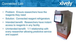 Connected Lab
• Problem: Ensure researchers have the
reagents they need
• Solution: Connected reagent refrigerators
• Intended benefit: Researchers have instant
access to reagents in any facility

• Unintended benefit: 1:1 relationship with
every researcher allowing predictive service
and support

 