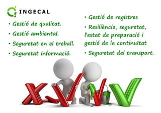 • Gestió de qualitat. 
• Gestió ambiental. 
• Seguretat en el treball. 
• Seguretat informació. 
• Gestió de registres 
• Resiliència, seguretat, 
l’estat de preparació i 
gestió de la continuïtat 
• Seguretat ddeell ttrraannssppoorrtt.. 
 