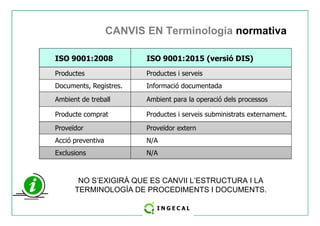 CANVIS EN Terminologia normativa 
ISO 9001:2008 ISO 9001:2015 (versió DIS) 
Productes Productes i serveis 
Documents, Registres. Informació documentada 
Ambient de treball Ambient para la operació dels processos 
Producte comprat Productes i serveis subministrats eexxtteerrnnaammeenntt.. 
Proveïdor Proveïdor extern 
Acció preventiva N/A 
Exclusions N/A 
NO S’EXIGIRÀ QUE ES CANVII L’ESTRUCTURA I LA 
TERMINOLOGÍA DE PROCEDIMENTS I DOCUMENTS. 
 