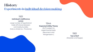 1931
Individual’s indifference
curves
Large number of hypothetical
trade-off choices between
commodity bundles
(hats vs shoes) (L.L. Thurstone)
1944
Expected Utility Theory
(EUT) subject to
experimental tests
(Neumann and
Morgenstern )
1951
Test of EUT
(Mosteller and Nogee)
 
