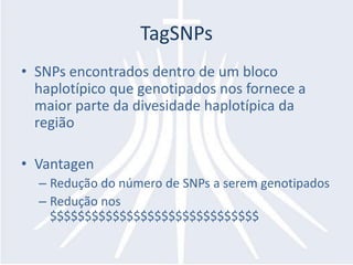 TagSNPs
• SNPs encontrados dentro de um bloco
  haplotípico que genotipados nos fornece a
  maior parte da divesidade haplotípica da
  região

• Vantagen
  – Redução do número de SNPs a serem genotipados
  – Redução nos
    $$$$$$$$$$$$$$$$$$$$$$$$$$$$$$
 