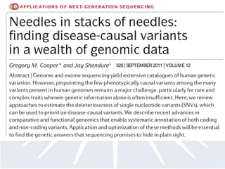 Alabama 35806, USA.
‡
  Department of Genome      tions between ~1,300 lo
Sciences, University of     (seetheUSNational Hum
Washington, Seattle,        Catalog of Published
Washington 98115, USA.      S tudies). However, owi
e-mails: gcooper@
hudsonalpha.org;
                            and correlations amon
shendure@u.washington.edu   cise identification of cau
doi:10.1038/nrg3046         for only a handful of th


628 | SEPTEMBER 2011 | VOLUME 12

                                                © 20
 