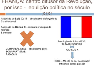 FRANÇA: centro difusor da Revolução,
por isso - ebulição política no século
XIX!
Ascensão de Luis XVIII – absolutismo disfarçado de
Constitucional!
Ascensão de Carlos X – restaura privilégios da
nobreza
E do clero
ULTRAREALISTAS – absolutismo puro!
BONAPARTISTAS;
RADICAIS.
Revolução de Julho -1830:
ALTA BURGUESIA
CARLOS X
FOGE – MEDO de ser decapitado!
Influência outros países!
 
