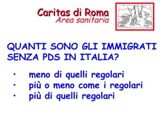 QUANTI SONO GLI IMMIGRATI SENZA PDS IN ITALIA? meno di quelli regolari più o meno come i regolari più di quelli regolari Caritas di Roma Area sanitaria 