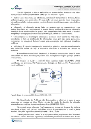XIX SIMPÓSIO DE ENGENHARIA DE PRODUÇÃO

Sustentabilidade Na Cadeia De Suprimentos

Bauru, SP, Brasil, 5 a 7 de novembro de 2012

Ao ser explorada a área de Descoberta de Conhecimento, remete-se aos níveis
hierárquicos da informação (MORESI, 2000) que são descritos a seguir:
 Dados: Classe mais baixa da informação, constituindo representações de fotos, textos,
gráficos imagens, sons, entre outros. Ou seja, dados são sinais que não foram processados,
integrados, avaliados ou interpretados, constituindo assim a matéria-prima para a produção de
informação.
 Informação: A informação são os dados que passaram por um processamento e que
podem, desta forma, ser compreensíveis às pessoas. Podem ser classificados como informação
a exibição de um arquivo textual ou gráfico, uma fotografia revelada, entre outros. Através da
interpretação e integração de vários dados e informações, obtém-se o conhecimento.
 Conhecimento: São informações analisadas e avaliadas, sendo confiáveis, relevantes e
importantes. É fruto da combinação de informações, sendo por meio deste que pessoas
responsáveis por tomadas de decisões buscam uma compreensão mais efetiva da situação do
problema.
 Inteligência: É o conhecimento que foi sintetizado e aplicado a uma determinada situação
para entendê-la melhor, ou seja, a informação sintetizada e relevante ao contexto do
problema.
Considerando tais níveis da informação, a mineração de dados atua sobre os dados
armazenados nas bases, buscando por padrões úteis e compreensíveis para que seja gerado o
conhecimento.
O processo de KDD é composto pelas seguintes etapas (REZENDE, 2003):
Identificação do problema, Pré-Processamento, Extração de Padrões, Pós-Processamento,
conforme Figura 1.

Figura 1 - Etapas do processo de KDD. Fonte: (REZENDE, 2003)

Na Identificação do Problema, são determinados os objetivos e metas a serem
alcançados no processo de Data Mining através do estudo do domínio da aplicação,
mostrando-se necessário o pleno conhecimento deste (REZENDE, 2003).
Na segunda etapa, chamada Pré-Processamento, trata-se da limpeza dos dados e
redução de volume, para que seja reduzido o tempo de processamento e a utilização de
memória feita pelos algoritmos de mineração (REZENDE, 2003).
A Extração de Padrões é a fase de Mineração de Dados propriamente dita. Nesta fase
é escolhida a tarefa e definido o algoritmo a ser utilizado, podendo ser executado mais de uma
4

 