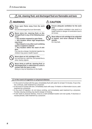 To Ensure Safe Use
Ink, cleaning fluid, and discharged fluid are flammable and toxic
In the event of ingestion or physical distress
➢	
In the event of contact with the eyes, immediately flush with water for at least 15 minutes. If eye irrita-
tion continues, seek treatment by a physician.
➢	
In the event of contact with skin, immediately wash with soap. If irritation or inflammation occurs, seek
treatment by a physician.
➢	
In the event of ingestion, do not induce vomiting, and immediately seek treatment by a physician.
Forcibly inducing vomiting may lead to danger of choking.
➢	
If odor leads to physical distress, move to a well-ventilated location and rest quietly. If dizziness or
nausea persists, seek treatment by a physician.
WARNING
Keep open flame away from the work
area.
Ink and discharged fluid are flammable.
Never store ink, cleaning fluid, or dis-
charged fluid in any of the following loca-
tions.
➢ Any location exposed to open flame
➢ Any location where high temperature
may occur
➢ Near bleach or any other such oxidizing
agent or explosive material
➢ Any location within the reach of chil-
dren
Fire may be a danger. Accidental ingestion by
children may pose a health hazard.
Never place an ink cartridge in fire.
Ink may flow out, catch fire, and spread fire to
other nearby objects.
Never drink or sniff ink, cleaning fluid, or
discharged fluid, or allow them to come in
contact with the eyes or skin.
Doing so may be hazardous to the health.
CAUTION
Ensure adequate ventilation for the work
area.
Failing to perform ventilation may result in a
health hazard or danger of combustion due to
ink fumes.
Never allow an ink cartridge to be subjected
to impact, and never attempt to disas-
semble.
Ink may leak.
8
 