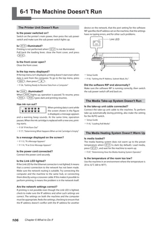 6-1 The Machine Doesn't Run
The Printer Unit Doesn't Run
Is the power switched on?
Switch on the printer's main power, then press the sub power
switch and make sure the sub power switch lights up.
Is illuminated?
Printing is not performed when is not illuminated.
Pull back the loading lever, close the front cover, and press
.
Is the front cover open?
Close the front cover.
Is the top menu displayed?
If the top menu isn't displayed, printing doesn't start even when
data is sent from the computer. To go to the top menu, press
, then press .
? P. 36, "Getting Ready to Receive Data from a Computer"
Is illuminated?
When lights up, operation is paused. To resume, press
. goes dark and printing resumes.
Has ink run out?
1 2 3 4 5 6
7 8 9 10 11 12
When printing data is sent while
the screen shown in the figure
is displayed, a message appears
and a warning beep sounds. At the same time, operation
pauses.Whentheinkcartridgeisreplacedwithanewone,print-
ing starts.
? P. 39 "If Ink Runs Out"
? P. 77, "Determining What Happens When an Ink Cartridge Is Empty"
Is a message displayed on the screen?
? P. 113, "If a Message Appears"
? P. 114, "If an Error Message Appears"
Is the power cord connected?
Connect the power cord securely.
Is the Link LED lighted?
If the Link LED for the Ethernet connector is not lighted, it means
that a correct connection to the network has not been made.
Make sure the network routing is suitable. Try connecting the
computer and the machine to the same hub, or connecting
them directly using a crossover cable. If this makes it possible to
perform printing, it means the problem is in the network itself.
Are the network settings correct?
If printing is not possible even though the Link LED is lighted,
check to make sure the IP address and other such settings are
correct. The settings on both the machine and the computer
must be appropriate. Redo the settings, checking to ensure that
the IP address doesn’t conflict with the IP address for another
device on the network, that the port setting for the software
RIPspecifiestheIPaddresssetonthemachine,thatthesettings
have no typing errors, and for other such problems.
? Setup Guide
? P. 92, "Setting the IP Address, Subnet Mask, Etc."
Did the software RIP end abnormally?
Make sure the software RIP is running correctly, then switch
the sub power switch off and back on.
The Media Take-up System Doesn't Run
Is the take-up unit cable connected?
Connect the take-up unit cable to the machine. To perform
take-up automatically during printing, also make the setting
for the AUTO switch.
? Setup Guide
? P. 45, "Loading Roll Media"
The Media Heating System Doesn't Warm Up
Is media loaded?
The media heating system does not warm up to the preset
temperature when is dark (by default). Load media,
press , and wait for the machine to warm up.
? P. 87, "Determining How the Media Heating System Operates"
Is the temperature of the room too low?
Use the machine in an environment where the temperature is
20 to 32˚C (68 to 90˚F).
Link LED
106 Chapter 6 What to Do If
 