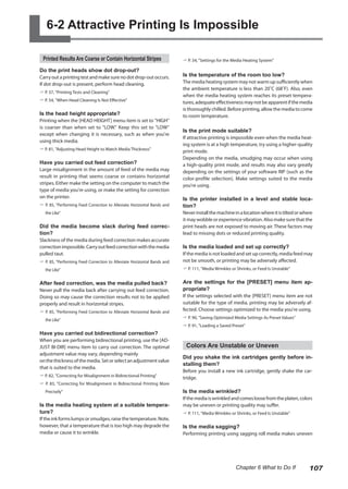 6-2 Attractive Printing Is Impossible
Printed Results Are Coarse or Contain Horizontal Stripes
Do the print heads show dot drop-out?
Carryoutaprintingtestandmakesurenodotdrop-outoccurs.
If dot drop-out is present, perform head cleaning.
? P. 37, "Printing Tests and Cleaning"
? P. 54, "When Head Cleaning Is Not Effective"
Is the head height appropriate?
Printing when the [HEAD HEIGHT] menu item is set to "HIGH"
is coarser than when set to "LOW." Keep this set to "LOW"
except when changing it is necessary, such as when you're
using thick media.
? P. 81, "Adjusting Head Height to Match Media Thickness"
Have you carried out feed correction?
Large misalignment in the amount of feed of the media may
result in printing that seems coarse or contains horizontal
stripes. Either make the setting on the computer to match the
type of media you're using, or make the setting for correction
on the printer.
? P. 85, "Performing Feed Correction to Alleviate Horizontal Bands and
the Like"
Did the media become slack during feed correc-
tion?
Slackness of the media during feed correction makes accurate
correctionimpossible.Carryoutfeedcorrectionwiththemedia
pulled taut.
? P. 85, "Performing Feed Correction to Alleviate Horizontal Bands and
the Like"
After feed correction, was the media pulled back?
Never pull the media back after carrying out feed correction.
Doing so may cause the correction results not to be applied
properly and result in horizontal stripes.
? P. 85, "Performing Feed Correction to Alleviate Horizontal Bands and
the Like"
Have you carried out bidirectional correction?
When you are performing bidirectional printing, use the [AD-
JUST BI-DIR] menu item to carry out correction. The optimal
adjustment value may vary, depending mainly
onthethicknessofthemedia.Setorselectanadjustmentvalue
that is suited to the media.
? P. 82, "Correcting for Misalignment in Bidirectional Printing"
? P. 83, "Correcting for Misalignment in Bidirectional Printing More
Precisely"
Is the media heating system at a suitable tempera-
ture?
If the ink forms lumps or smudges, raise the temperature. Note,
however, that a temperature that is too high may degrade the
media or cause it to wrinkle.
? P. 34, "Settings for the Media Heating System"
Is the temperature of the room too low?
The media heating system may not warm up sufficiently when
the ambient temperature is less than 20˚C (68˚F). Also, even
when the media heating system reaches its preset tempera-
tures,adequateeffectivenessmaynotbeapparentifthemedia
is thoroughly chilled. Before printing, allow the media to come
to room temperature.
Is the print mode suitable?
If attractive printing is impossible even when the media heat-
ing system is at a high temperature, try using a higher-quality
print mode.
Depending on the media, smudging may occur when using
a high-quality print mode, and results may also vary greatly
depending on the settings of your software RIP (such as the
color-profile selection). Make settings suited to the media
you're using.
Is the printer installed in a level and stable loca-
tion?
Neverinstallthemachineinalocationwhereitistiltedorwhere
it may wobble or experience vibration. Also make sure that the
print heads are not exposed to moving air. These factors may
lead to missing dots or reduced printing quality.
Is the media loaded and set up correctly?
If the media is not loaded and set up correctly, media feed may
not be smooth, or printing may be adversely affected.
? P. 111, "Media Wrinkles or Shrinks, or Feed Is Unstable"
Are the settings for the [PRESET] menu item ap-
propriate?
If the settings selected with the [PRESET] menu item are not
suitable for the type of media, printing may be adversely af-
fected. Choose settings optimized to the media you're using.
? P. 90, "Saving Optimized Media Settings As Preset Values"
? P. 91, "Loading a Saved Preset"
Colors Are Unstable or Uneven
Did you shake the ink cartridges gently before in-
stalling them?
Before you install a new ink cartridge, gently shake the car-
tridge.
Is the media wrinkled?
Ifthemediaiswrinkledandcomesloosefromtheplaten,colors
may be uneven or printing quality may suffer.
? P. 111, "Media Wrinkles or Shrinks, or Feed Is Unstable"
Is the media sagging?
Performing printing using sagging roll media makes uneven
107
Chapter 6 What to Do If
 