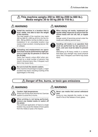 To Ensure Safe Use
This machine weighs 250 to 300 kg (550 to 660 lb.).
Media weighs 30 to 50 kg (66 to 110 lb.).
Danger of fire, burns, or toxic gas emissions
WARNING
Install the machine in a location that is
level, stable, and able to bear the weight
of the machine.
The total weight of the machine may reach
300 kg (660 lb.) (280 kg (616 lb.) for the XJ-
640, 250 kg (550 lb.) for the XJ-540) or more.
Installation in an unsuitable location may
cause a major accident, including tipover, fall,
or collapse.
Unloading and emplacement are opera-
tions that must be performed by eight per-
sons or more (by six persons or more for
the XJ-540).
Tasks that require undue effort when per-
formed by a small number of persons may
result in physical injury. Also, if dropped, such
items may cause injury.
Be sure to lock the stand's casters.
If the machine should begin to topple, a major
accident may result, including crushing of the
appendages or the body.
WARNING
When storing roll media, implement ad-
equate safety measures to ensure that the
stored media will not roll, fall, or topple
over.
Danger exists of becoming pinned under the
media and suffering serious injury.
Handling roll media is an operation that
must be performed by two persons or
more, and care must be taken to prevent
falls.
Attempting to lift heavy media in a manner
that taxes your strength may cause physical
injury. Also, if dropped, such items may cause
injury.
WARNING
Caution: high temperatures.
Areas such as the dryer become hot. Exercise
caution to avoid fire or burns.
When printing is not being performed,
remove any loaded media or switch off
the power.
The continued application of heat at a single
location may cause the release of toxic gases
from the media or pose a fire hazard.
WARNING
Never use media that cannot withstand
heat.
Doing so may degrade the media, or may
result in fire or the release of toxic gases.
9
 