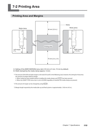 7-2 Printing Area
Printing Area and Margins
A: Setting of the [SIDE MARGIN] menu item (10 mm or 5 mm; 10 mm by default)
B: Width clamped by the media clamp (approx. 5 mm)
*1The amount of the left and right margins is the total of A and B. In the following cases, however, the setting for A becomes
the amount of margin without change.
➢ When media has been loaded without installing the media clamps and has been pressed
➢ When the [SHEET TYPE] menu item is set to [CLEAR] (regardless of whether the media clamps are present)
*2 The amount of margin can be changed by using .
*3 Margin length required by the media take-up and feed systems is approximately 1,100 mm (43 in.).
Right margin
(*1) (*2)
Left margin
(*1)
A
A
B
90 mm (3.5 in.)
75 mm (3 in.) (*3)
Media
Media clamp
Media clamp
Printing area
B
119
Chapter 7 Specifications
 