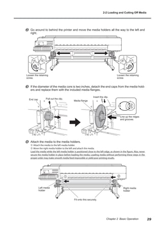 v Go around to behind the printer and move the media holders all the way to the left and
right.
w If the diameter of the media core is two inches, detach the end caps from the media hold-
ers and replace them with the included media flanges.
x Attach the media to the media holders.
j Attach the media to the left media holder.
k Move the right media holder to the left and attach the media.
Load the media while the left media holder is positioned close to the left edge, as shown in the figure. Also, never
secure the media holder in place before loading the media. Loading media without performing these steps in the
proper order may make smooth media feed impossible or yield poor printing results.

Loosen the retaining
screw.
Loosen the retaining
screw.
End cap
Media flange
Insert the clip.
Line up the ridges
and grooves
Right media
holder
Left media
holder
Fit onto this securely.
Pull out the clip.

2-2 Loading and Cutting Off Media
29
Chapter 2 Basic Operation
 