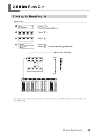 2-5 If Ink Runs Out
Checking for Remaining Ink
Procedure
u Press .
Press several times.
v Press .
w Press .
x Press .
Press to go back to the original screen.
The display shows an approximate guide to the amount of remaining ink, which may differ somewhat from the actual
amount remaining.
MENU
INK REMAINING
1 2 3 4
5 6 7 8
9 10 11 12
W 1839mm
SETUP SHEET
ROLL
1 2 3 4
5 6 7 8
9 10 11 12
Amount of ink remaining
Much
Little
39
Chapter 2 Basic Operation
 