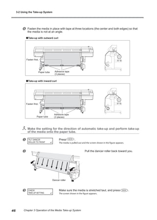 x Fasten the media in place with tape at three locations (the center and both edges) so that
the media is not at an angle.
Take-up with outward curl
Take-up with inward curl
3. Make the setting for the direction of automatic take-up and perform take-up
of the media onto the paper tube.
u Press .
The media is pulled out and the screen shown in the figure appears.
v Pull the dancer roller back toward you.
w Make sure the media is stretched taut, and press .
The screen shown in the figure appears.
CHECK
TAKE-UP SETTING
Fasten first.
Paper tube Adhesive tape
(3 places)
Fasten first.
Paper tube
Adhesive tape
(3 places)
Dancer roller
3-2 Using the Take-up System
46 Chapter 3 Operation of the Media Take-up System
 