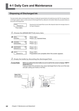 4-1 Daily Care and Maintenance
Disposing of Discharged Ink
The drain bottle collects discharged fluid. Dispose of collected material before the bottle becomes full. The message shown
in the figure appears when a certain amount of discharged fluid has collected in the bottle. Follow the procedure below to
discard the discharged fluid.
Resetting the discharged-fluid counter after disposal makes the message shown in
the figure disappear.
1. Choose the [DRAIN BOTTLE] menu item.
u Press .
Press several times.
v Press .
Press .
w Press .
Press .
x Press .
Preparations are complete when this screen appears.
2. Empty the bottle by discarding the discharged fluid.
CAUTION	 Before you detach the drain bottle, be sure to wait for the screen to display "EMPTY
DRAIN BOTTLE."
Failing to follow this procedure may cause discharged fluid to flow out of the tube
and spill, soiling your hands or the floor.
CHECK
DRAIN BOTTLE
MENU
SUB MENU
SUB MENU
MAINTENANCE
MAINTENANCE
DRAIN BOTTLE
EMPTY
DRAIN BOTTLE
Press .
Upper limit
Discard before
this is reached.
50 Chapter 4 Maintenance and Adjustment
 