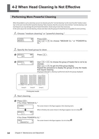 4-2 When Head Cleaning Is Not Effective
Performing More Powerful Cleaning
When the problems such as dot drop-out are not cleared up by the "normal cleaning," try the more forceful "medium clean-
ing" or the even more forceful "powerful cleaning." Note, however, that this consumes more ink than "normal cleaning," and
too-frequent use may damage the print heads themselves. Avoid using it more than necessary.
In the same way as for normal cleaning, choose and clean only the group of a head that are incapable of correct printing.
1. Choose "medium cleaning" or "powerful cleaning."
Press .
Use to choose "MEDIUM CL." or "POWERFUL
CL."
2. Specify the head group to clean.
u Press .
v Use to choose the group of heads that is not to be
cleaned.
Use to get rid of the group display.
Repeat this procedure to display the groups of only the heads
that require cleaning.
Of groups A through C, cleaning is performed only for the groups displayed.
3. Start cleaning.
u Press .
If You Chose "MEDIUM CL."
The screen shown in the figure appears, then cleaning starts.
When it finishes, the screen shown in the figure appears. Go on to Stepx.
If You Chose "POWERFUL CL."
The screen shown in the figure appears. Go on to Stepv.
CLEANING
MEDIUM CL.
MEDIUM CL.
A B C
MEDIUM CL.
A C
CLEANING...
>>
CHECK
DRAIN BOTTLE
MEDIUM CL.
A C
Group A Group B Group C
Printing-test results
54 Chapter 4 Maintenance and Adjustment
 