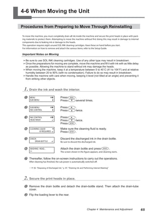 4-6 When Moving the Unit
Procedures from Preparing to Move Through Reinstalling
To move the machine, you must completely drain all ink inside the machine and secure the print heads in place with pack-
ing materials to protect them. Attempting to move the machine without first doing this may result in damage to internal
components due to leaking ink or damage to the heads.
This operation requires eight unused SOL INK cleaning cartridges. Have these on hand before you start.
For information on how to remove and attach the various items, refer to the Setup Guide.
Important Notes on Moving
➢	
Be sure to use SOL INK cleaning cartridges. Use of any other type may result in breakdown.
➢	
Once the preparations for moving are complete, move the machine and fill it with ink with as little delay
as possible. Allowing the machine to stand without ink may damage the heads.
➢	
When moving the machine, keep it at a temperature between 5 to 40˚C (41 to 104˚F) and at relative
humidity between 20 to 80% (with no condensation). Failure to do so may result in breakdown.
➢	
Handle the machine with care when moving, keeping it level (not tilted at an angle) and preventing it
from striking other objects.
1. Drain the ink and wash the interior.
u Press .
Press several times.
v Press .
Press twice.
w Press .
Press twice.
Press .
x Make sure the cleaning fluid is ready.
Press .
y Discard the discharged ink in the drain bottle.
Be sure to discard the discharged ink.
z Attach the drain bottle and press .
The screen shown in the figure appears, and cleaning starts.
{ Thereafter, follow the on-screen instructions to carry out the operations.
After cleaning has finished, the sub power is automatically switched off.
? P. 50, "Disposing of Discharged Ink," p. 97, "Draining Ink and Performing Internal Washing"
2. Secure the print heads in place.
u Remove the drain bottle and detach the drain-bottle stand. Then attach the drain-tube
cover.
v Flip the loading lever to the rear.
MENU
SUB MENU
SUB MENU
INK CONTROL
INK CONTROL
HEAD WASH
CLEANING LIQUID
IS REQUIRED
CHECK
DRAIN BOTTLE
WASHING HEAD...
>>
65
Chapter 4 Maintenance and Adjustment
 