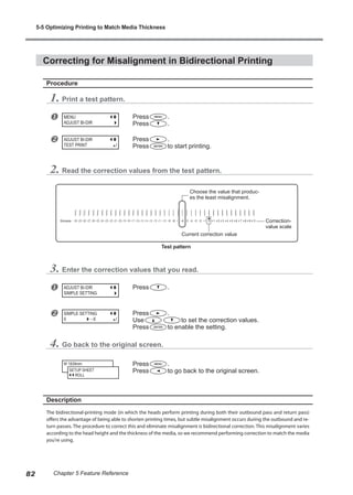 Correcting for Misalignment in Bidirectional Printing
Procedure
1. Print a test pattern.
u Press .
Press .
v Press .
Press to start printing.
2. Read the correction values from the test pattern.
3. Enter the correction values that you read.
u Press .
v Press .
Use to set the correction values.
Press to enable the setting.
4. Go back to the original screen.
Press .
Press to go back to the original screen.
Description
The bidirectional-printing mode (in which the heads perform printing during both their outbound pass and return pass)
offers the advantage of being able to shorten printing times, but subtle misalignment occurs during the outbound and re-
turn passes. The procedure to correct this and eliminate misalignment is bidirectional correction. This misalignment varies
according to the head height and the thickness of the media, so we recommend performing correction to match the media
you're using.
MENU
ADJUST BI-DIR
ADJUST BI-DIR
TEST PRINT
ADJUST BI-DIR
SIMPLE SETTING
SIMPLE SETTING
0 - 6
W 1839mm
SETUP SHEET
ROLL
Simple
Test pattern
Choose the value that produc-
es the least misalignment.
Correction-
value scale
Current correction value
5-5 Optimizing Printing to Match Media Thickness
82 Chapter 5 Feature Reference
 