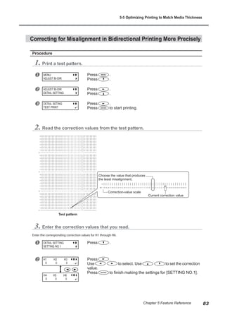 Correcting for Misalignment in Bidirectional Printing More Precisely
Procedure
1. Print a test pattern.
u Press .
Press .
v Press .
Press .
w Press .
Press to start printing.
2. Read the correction values from the test pattern.
3. Enter the correction values that you read.
Enter the corresponding correction values for H1 through H6.
u Press .
v Press .
Use to select. Use to set the correction
value.
Press to finish making the settings for [SETTING NO.1].
MENU
ADJUST BI-DIR
ADJUST BI-DIR
DETAIL SETTING
DETAIL SETING
TEST PRINT
H3
H4
H5
H6
H2
H1
NO.1
H3
H4
H2
H1
NO.2
H1
NO.1
H5
H6
H3
H4
H5
H6
H2
H1
NO.3
H3
H4
H5
H6
H2
H1
NO.4
DETAIL SETTING
SETTING NO.1
H1 H2 H3
0 0 0
H4 H5 H6
0 0 0
Test pattern
Choose the value that produces
the least misalignment.
Correction-value scale
Current correction value
5-5 Optimizing Printing to Match Media Thickness
83
Chapter 5 Feature Reference
 