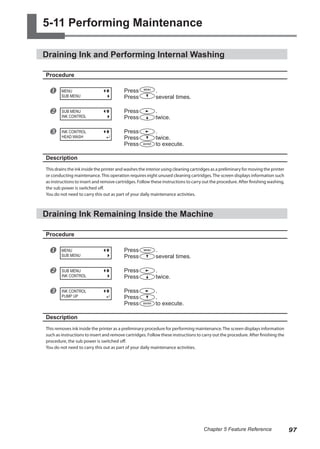 5-11 Performing Maintenance
Draining Ink and Performing Internal Washing
Procedure
u Press .
Press several times.
v Press .
Press twice.
w Press .
Press twice.
Press to execute.
Description
This drains the ink inside the printer and washes the interior using cleaning cartridges as a preliminary for moving the printer
or conducting maintenance.This operation requires eight unused cleaning cartridges.The screen displays information such
as instructions to insert and remove cartridges. Follow these instructions to carry out the procedure. After finishing washing,
the sub power is switched off.
You do not need to carry this out as part of your daily maintenance activities.
Draining Ink Remaining Inside the Machine
Procedure
u Press .
Press several times.
v Press .
Press twice.
w Press .
Press .
Press to execute.
Description
This removes ink inside the printer as a preliminary procedure for performing maintenance.The screen displays information
such as instructions to insert and remove cartridges. Follow these instructions to carry out the procedure. After finishing the
procedure, the sub power is switched off.
You do not need to carry this out as part of your daily maintenance activities.
MENU
SUB MENU
SUB MENU
INK CONTROL
INK CONTROL
HEAD WASH
MENU
SUB MENU
SUB MENU
INK CONTROL
INK CONTROL
PUMP UP
97
Chapter 5 Feature Reference
 