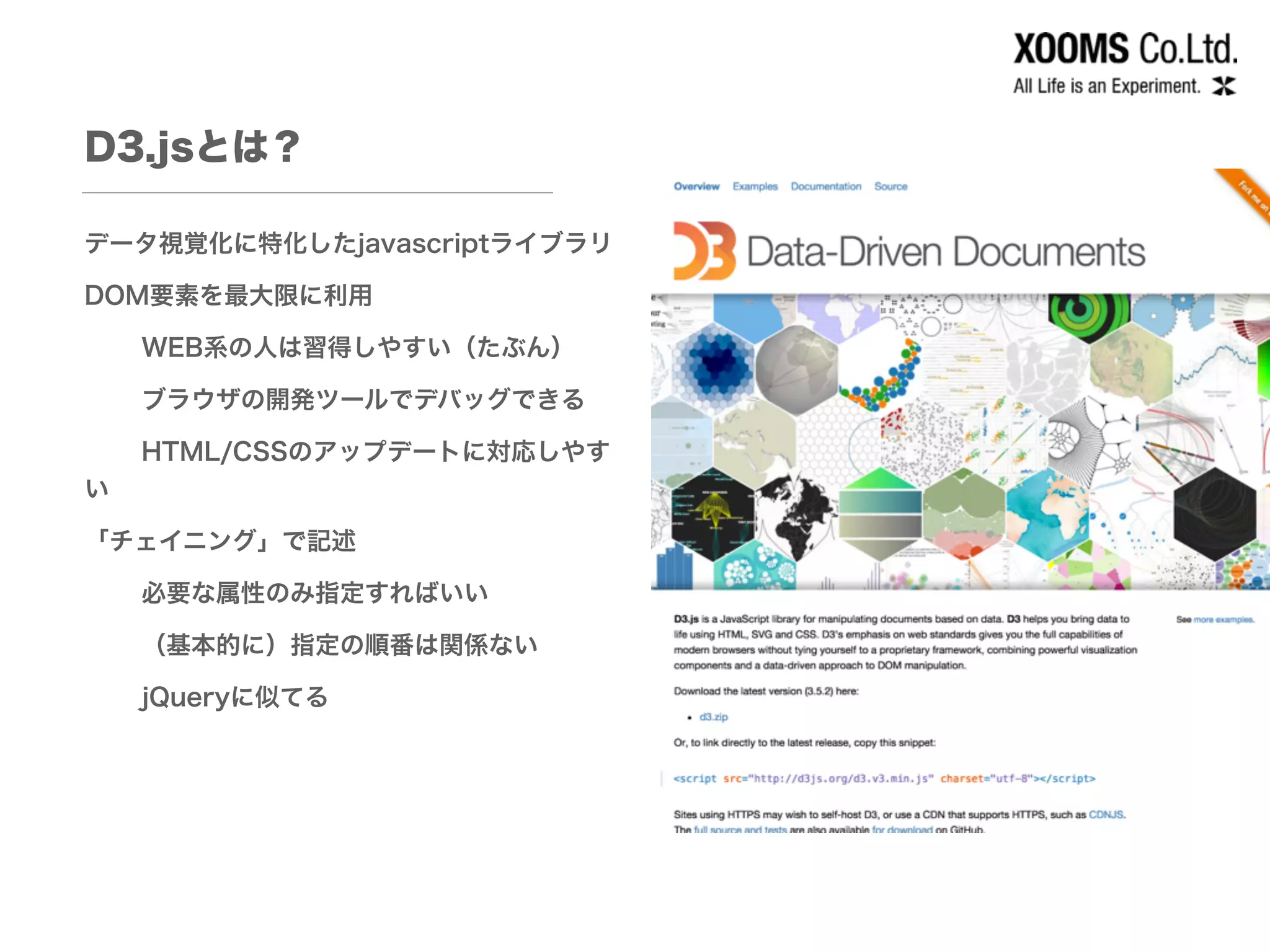 D3.jsとは？
データ視覚化に特化したjavascriptライブラリ
DOM要素を最大限に利用
WEB系の人は習得しやすい（たぶん）
ブラウザの開発ツールでデバッグできる
HTML/CSSのアップデートに対応しやす
い
「チェイニング」で記述
必要な属性のみ指定すればいい
（基本的に）指定の順番は関係ない
jQueryに似てる
 