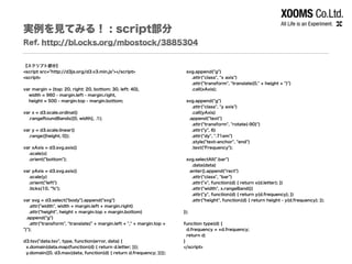 実例を見てみる！ : script部分
Ref. http://bl.ocks.org/mbostock/3885304
【スクリプト部分】
<script src="http://d3js.org/d3.v3.min.js"></script>
<script>
!
var margin = {top: 20, right: 20, bottom: 30, left: 40},
width = 960 - margin.left - margin.right,
height = 500 - margin.top - margin.bottom;
!
var x = d3.scale.ordinal()
.rangeRoundBands([0, width], .1);
!
var y = d3.scale.linear()
.range([height, 0]);
!
var xAxis = d3.svg.axis()
.scale(x)
.orient("bottom");
!
var yAxis = d3.svg.axis()
.scale(y)
.orient("left")
.ticks(10, "%");
!
var svg = d3.select("body").append("svg")
.attr("width", width + margin.left + margin.right)
.attr("height", height + margin.top + margin.bottom)
.append("g")
.attr("transform", "translate(" + margin.left + "," + margin.top +
")");
!
d3.tsv("data.tsv", type, function(error, data) {
x.domain(data.map(function(d) { return d.letter; }));
y.domain([0, d3.max(data, function(d) { return d.frequency; })]);
!
svg.append("g")
.attr("class", "x axis")
.attr("transform", "translate(0," + height + ")")
.call(xAxis);
!
svg.append("g")
.attr("class", "y axis")
.call(yAxis)
.append("text")
.attr("transform", "rotate(-90)")
.attr("y", 6)
.attr("dy", ".71em")
.style("text-anchor", "end")
.text("Frequency");
!
svg.selectAll(".bar")
.data(data)
.enter().append("rect")
.attr("class", "bar")
.attr("x", function(d) { return x(d.letter); })
.attr("width", x.rangeBand())
.attr("y", function(d) { return y(d.frequency); })
.attr("height", function(d) { return height - y(d.frequency); });
!
});
!
function type(d) {
d.frequency = +d.frequency;
return d;
}
</script>
 