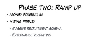 Phase two: Ramp up
• Money pouring in
• Hiring frenzy
• Massive recruitment schema
• Externalise recruiting
 