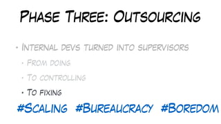 Phase Three: Outsourcing
• Internal devs turned into supervisors
• From doing
• To controlling
• To fixing
#Scaling #Bureaucracy #Boredom
 