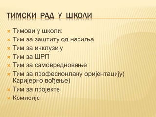 ТИМСКИ РАД У ШКОЛИ
 Тимови у школи:
 Тим за заштиту од насиља
 Тим за инклузију
 Тим за ШРП
 Тим за самовредновање
 Тим за професионлану оријентацију(
Каријерно вођење)
 Тим за пројекте
 Комисије
 