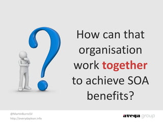 @MartinBurnsSV	
  
http://everydaylean.info
How	
  can	
  that	
  
organisation	
  
work	
  together	
  
to	
  achieve	
  SOA	
  
benefits?
 