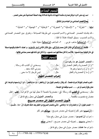 ‫األط‬
‫ُٮ‬ ٰٚ
‫وشتٰح‬ٛ‫ا‬ ‫ٌح‬ٜٛ‫ا‬
ٖ
‫ه‬ ‫ز‬
‫ـــــــــــ‬
( ٝ‫ا‬
٪‫ذـــــــــــــ‬٤ٛ‫ا‬
)
‫(ياس‬
‫ـ‬‫ـ‬‫ـ‬‫ـ‬‫ـ‬‫ـ‬‫ـ‬‫ـ‬‫ـ‬‫ـ‬‫ـ‬‫ـ‬
‫سلي‬ ‫ر‬
‫ـ‬‫ـ‬‫ـ‬‫ـ‬‫ـ‬‫ـ‬‫ـ‬‫ـ‬‫ـ‬‫ـ‬‫ـ‬‫ـ‬‫ـ‬‫ـ‬‫ـ‬‫ـ‬‫ـ‬‫ـ‬‫ـ‬‫ـ‬‫ـ‬‫ـ‬‫ـ‬‫ـ‬‫ـ‬‫ـ‬‫ـ‬
)‫م‬
53661534253
-
53553477563
24
‫الصياعي‬ ‫املصدر‬
-
‫اي‬ٙ‫بٗص‬١‫ي‬٫‫يًس‬‫ح‬ْٝ‫تأ‬٤‫تا‬‫ٗا‬ًٝ‫ت‬٠‫َؿسز‬٤‫ا‬ٜ‫ُٖا‬ٕ‫سطؾا‬ٙ‫آخط‬٢ً‫ع‬‫س‬ٜ‫ظ‬ِ‫اغ‬
.‫املكسض‬٢ٓ‫َع‬٢ً‫ع‬١ٝ‫ايكٓاع‬١‫كؿ‬
-
‫املكسض‬‫ُكاؽ‬
ٜ
.‫املؿتل‬َٔٚ‫اؾاَس‬َٔٞ‫ايكٓاع‬
١ً‫أَج‬
" ‫َّش‬
ِّّ
َُ
‫ل‬‫حٿ‬ " :
ً " ‫َّش‬
ََّ
‫ـ‬َ
‫ل‬‫حٿ‬ "ً " ‫َّش‬
ِْ
‫ن‬‫ْٔخ‬‫ن‬ِ
‫ت‬‫ح‬ " ً
" ‫َّش‬
ْ‫َن‬
‫ي‬َ
‫ڄ‬‫حٿ‬ " ً " ‫َّش‬
ِْ
‫ـ‬َ
‫ڄ‬َ
‫ي‬‫حٿ‬ " ً " ‫َّش‬
ْ‫ن‬٣َ
ٌ‫حٿ‬ "
-
ٍ‫زي‬ٜ‫حٿڄ‬ ‫ّظ٘زخرو‬ ‫ٷزي‬
‫حٿڄنٔزٌد‬ ‫ًحالٓزڂ‬ ِ٫‫زنخ‬ٜ‫حٿ‬
‫زْخٯش‬ٜ‫حٿ‬ ‫َّٸزش‬٣ ِ‫ٳز‬
‫ًنٴزَٵ‬ ،
ِ٫‫زنخ‬ٜ‫حٿ‬ ٍ‫زي‬ٜ‫حٿڄ‬ ‫رزْن‬
‫حٿڄنٌٔد‬ ‫ًحالٓڂ‬
‫ٳڄؼال‬ ،‫حٿـڄڀش‬ ‫رْٔخٵ‬
: ‫ٷڀنخ‬ ‫اًح‬
ٔ
-
‫ٰح‬ٛ‫ا‬٠‫شأع‬ٛ‫ا‬
. ِ‫ٯَر‬ ‫ڃٌىذ‬
ٕ
-
‫حٿڄٌحىذ‬
‫ٰح‬ٛ‫ا‬٠‫شأع‬ٛ‫ا‬
. ‫ڀْنخ‬٫ ‫ىهْڀش‬
-
١ًُ‫ؾه‬
‫ٰح‬ٛ‫ا‬٠‫شأع‬ٛ‫ا‬
‫َكسض‬ٍٚ‫ا٭‬ٍ‫املجا‬‫يف‬
‫اهٮ‬٤‫ط‬
ْٞ‫ايجا‬ٍ‫املجا‬‫يف‬ٚ,
ٞ‫اع‬
‫ب‬٪‫غ‬٤ٟ
ٚ,
‫يعًـو‬
١‫قـؿ‬‫عٗـا‬ٛ‫ق‬ٚ‫سعـت‬٫
ٍ‫سا‬‫يف‬
ٞ‫قٓاع‬‫َكسض‬ٛٗ‫ؾ‬‫شيو‬‫غري‬ٕ‫نا‬‫إشا‬ٚ.‫ب‬ٛ‫َٓػ‬ِ‫اغ‬ٛٗ‫ؾ‬١‫قؿ‬ٕ‫نا‬‫إشا‬ِ‫غ‬٫‫ؾا‬.‫با‬ٛ‫َٓػ‬‫امسا‬‫ْٗا‬ٛ‫ن‬
‫غايبا‬
.
‫املؤول‬ ‫املصدر‬
-
: ٢ٟ ‫سٗة‬ ‫ا‬ٟ ٪٧ ٙ٩‫إ‬٠ٛ‫ا‬ ‫ظذس‬٠ٛ‫ا‬
*
) ٩ٍ‫خ‬٠‫حٿڄ‬ ‫پ‬٬‫ًحٿٴ‬ ‫يٍّش‬ٜ‫حٿڄ‬ ْ‫څ‬‫أ‬ (
: ‫ڃؼپ‬
. ‫ٍٓخٿش‬ ‫ٿٺ‬ ‫أٻـظـذ‬ ‫أڅ‬ ِ‫ين‬٬‫ّـٔـ‬
*
‫ًهزَىخ‬ ‫ًحٓڄيخ‬ ) ّ
‫څ‬‫أ‬ ( ً‫أ‬
: ‫ڃـؼپ‬
. ‫ْي‬٬ٓ ‫ّـٺ‬
‫ن‬‫أ‬ ِ‫َّٔن‬
*
ً ‫يٍّش‬ٜ‫حٿڄ‬ ) ‫ڃخ‬ ( ً‫أ‬
‫پ‬٬‫حٿٴ‬
: ‫ڃؼپ‬
. َ٬ٓ ‫ڃخ‬ ‫اال‬ ‫ٿڀَؿپ‬ ْْ‫ٿ‬
-
‫املكازض‬‫تعطب‬
ٍ‫كا‬ِٜ‫ث‬,٬‫َؿك‬‫إعطابا‬١‫ي‬ٚ٪‫امل‬
:
)ٌ‫ايؿعـ‬ٚ‫َـا‬(ٚ‫أ‬,)ٌ‫ايؿع‬ٕٚ‫أ‬(ٍَٔٚ٪‫امل‬‫املكسض‬ٚ
‫خربٖـ‬ٚ‫امسٗـا‬ٕٚ‫أ‬(ٚ‫أ‬,
‫ا‬
‫يف‬)
‫دط‬ٚ‫أ‬‫ْكب‬ٚ‫أ‬‫ضؾع‬ٌ‫ق‬
.....
‫ق‬َٛ‫سػب‬
١ًُ‫اؾ‬‫يف‬٘‫ع‬
.
ِ‫ين‬٬‫ّـٔـ‬ : ‫ڃؼپ‬
‫أنـتـب‬ٕ‫أ‬
. ‫ٍٓخٿش‬ ‫ٿٺ‬
ٕ‫أ‬
. ‫َحد‬٫‫حت‬ ‫ڃن‬ ‫ٿيخ‬ ‫ڃلپ‬ ‫ال‬ ‫زش‬ٛ‫نخ‬ ‫يٍّش‬ٜ‫ڃ‬ :
‫أنتب‬
‫پ‬٬‫ٳ‬ :
. ‫رخٿٴظلش‬ ‫ٌد‬ٜ‫ڃن‬ ٩ٍ‫خ‬٠‫ڃ‬
ٙ٩‫إ‬٠ٛ‫ا‬ ‫ظذس‬٠ٛ‫ا‬٩
. ‫پ‬٫‫ٳخ‬ ٪‫ٍٳ‬ ‫ڃلپ‬ َ‫ٳ‬
1
-
)ِٕ‫(أ‬ٍٚ٪‫امل‬‫املكسض‬
‫َا‬(ٚ‫أ‬‫املهاضع‬ٚ
‫امل‬ٚ)
ٞ‫ان‬
ِٕ‫(أ‬‫اؿطف‬‫سصف‬‫بعس‬ٌ‫ايؿع‬َٔ‫ض‬ٜ‫ايكط‬‫باملكسض‬ٞ‫ْأت‬
-
)‫َا‬
.
:ٌ‫َجـــــ‬
-
(
‫ا‬َٛٛ‫تك‬َِٕ
‫أ‬
: ‫َّق‬ٛ ٍ‫ي‬ٜ‫ڃ‬ َ‫اٿ‬ ‫طلٌّڀو‬ ) ‫ٿټڂ‬ َْ‫ه‬
ِ‫ُه‬
َ‫ا‬ٝ‫ق‬
‫ٿټڂ‬ َْ‫ه‬
-
‫َحد‬٫‫ا‬
‫ا‬٪ٟ٪‫ذظ‬ ْ١َ
‫أ‬
‫ڃزظيأ‬ ٪‫ٍٳ‬ ‫ڃلپ‬ ِ‫ٳ‬ ‫ڃئًٽ‬ ٍ‫ي‬ٜ‫ڃ‬ :
-
ِ‫ين‬٬ٓ‫أ‬
‫عًُت‬‫َا‬
ِ‫ين‬٬ٓ‫أ‬ : ‫َّق‬ٛ ٍ‫ي‬ٜ‫ڃ‬ َ‫اٿ‬ ‫طلٌّڀو‬ ..
‫ُو‬
ًُ‫ع‬
-
َ٫‫ا‬
‫حد‬
‫د‬ٜ٠‫ه‬ ‫ا‬ٟ
. ‫پ‬٫‫ٳخ‬ ٪‫ٍٳ‬ ‫ڃلپ‬ ِ‫ٳ‬ ‫ڃئًٽ‬ ٍ‫ي‬ٜ‫ڃ‬ :
‫ﻲ‬‫ﻣ‬‫ﯾ‬‫ﻠ‬‫ﻌ‬‫ﺗ‬‫ﻟ‬‫ا‬ ‫ت‬‫ﺳ‬‫ﺎ‬‫ﻓ‬ ‫ﻰ‬‫ﺟ‬‫ﯾ‬‫ا‬ ‫ﻊ‬‫ﻗ‬‫و‬‫ﻣ‬
 