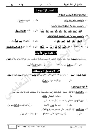 ‫األط‬
‫ُٮ‬ ٰٚ
‫وشتٰح‬ٛ‫ا‬ ‫ٌح‬ٜٛ‫ا‬
ٖ
‫ه‬ ‫ز‬
‫ـــــــــــ‬
( ٝ‫ا‬
٪‫ذـــــــــــــ‬٤ٛ‫ا‬
)
‫(ياس‬
‫ـ‬‫ـ‬‫ـ‬‫ـ‬‫ـ‬‫ـ‬‫ـ‬‫ـ‬‫ـ‬‫ـ‬‫ـ‬‫ـ‬
‫سلي‬ ‫ر‬
‫ـ‬‫ـ‬‫ـ‬‫ـ‬‫ـ‬‫ـ‬‫ـ‬‫ـ‬‫ـ‬‫ـ‬‫ـ‬‫ـ‬‫ـ‬‫ـ‬‫ـ‬‫ـ‬‫ـ‬‫ـ‬‫ـ‬‫ـ‬‫ـ‬‫ـ‬‫ـ‬‫ـ‬‫ـ‬‫ـ‬‫ـ‬
)‫م‬
53661534253
-
53553477563
46
‫املتعدي‬ ‫الفعل‬
-
:٘‫ب‬ٍٛ‫املؿع‬‫ٓكب‬ٜٟ‫ايص‬ٟ‫املتعس‬ٌ‫ايؿع‬‫اع‬ْٛ‫أ‬
ٔ
-
ٙ٪‫ِو‬ٟ ‫ظة‬٤‫ٯ‬ ‫ا‬ٟ
‫ادذ‬٩ ٦‫ت‬
،
‫ڃؼپ‬
:
‫حٗظَّض‬
َ‫ب‬‫ايهتا‬
.
ٕ
-
‫خثش‬ٛ‫ا‬٩ ‫ثرذأ‬٠ٛ‫ا‬ ‫ا‬٠٨ٜ‫أط‬ ٢ٰٛ٪‫ِو‬ٟ ‫ظة‬٤‫ٯ‬ ‫ا‬ٟ
:
(
ٔ‫ظ‬
-
‫سػب‬
-
ِ‫ظع‬
-
ٍ‫خا‬
-
‫دس‬ٚ
-
٣‫ضأ‬
-
ًِ‫ع‬
-
ٌ‫دع‬
-
‫ٓط‬
ٝ‫ق‬
)
‫ڃؼپ‬
:
‫ننض‬٧
.ّ٬ٗ‫غ‬ٕ‫َتشا‬٫‫ا‬
ٖ
-
‫خثش‬ٛ‫ا‬٩ ‫ثرذأ‬٠ٛ‫ا‬ ‫ا‬٠٨ٜ‫أط‬ ‫ٰظ‬ٛ ٢ٰٛ٪‫ِو‬ٟ ‫ظة‬٤‫ٯ‬ ‫ا‬ٟ
:
(
٢‫أعط‬
-
‫َٓض‬
-
‫نػا‬
-
‫أيبؼ‬
-
َ
‫ٓع‬
. )
‫ڃؼپ‬
:
‫حهلل‬ َ٤٫‫أ‬
‫َكط‬
ّ‫ا‬‫ْٗط‬
. ً
‫ح‬‫هخٿي‬
4
-
ٰٚ‫ِاه‬ٟ ‫شالشح‬ ‫ظة‬٤‫ٯ‬ ‫ا‬ٟ
(:
ًََِِ‫ع‬‫أ‬
-
‫َأ‬‫ب‬َِْ‫أ‬
-
‫ٓأ‬
‫ب‬َْ
-
َ‫ط‬ِ‫ب‬َ‫خ‬‫أ‬
-
َ
‫ط‬ٓ
‫ب‬َ‫خ‬
–
‫ٓخ‬
‫س‬َ‫س‬
)
‫ڃؼپ‬
:
‫ڀڂ‬٫‫أ‬
‫حٿٔخثٶ‬
‫ايطناب‬
٠‫اض‬ٝ‫ايػ‬
١ً‫َتعط‬
.
2
-
‫ألجله‬ ‫المفعول‬
-
‫حٓڂ‬
‫ٌد‬ٜ‫ڃن‬
)‫(َكسض‬
٦‫ٿٴ‬ ‫ڃن‬ ‫ّټٌڅ‬ ‫ًال‬ ‫پ‬٬‫حٿٴ‬ ‫كيًع‬ ‫ٓزذ‬ ‫ّزْن‬
‫پ‬٬‫حٿٴ‬
,
‫رـ‬ ‫ّزيأ‬ ‫ٿٔئحٽ‬ ً
‫خ‬‫ؿٌحر‬ ِ‫ّؤط‬ ً
.)‫(ملاشا‬
‫ڃؼپ‬
ّ
‫ڀ‬ٛ‫أ‬ :
ِ
ّ‫ا‬‫طُع‬
‫حهلل‬ ‫خ‬ٍٟ ِ‫ٳ‬
-
ُ‫ي‬٬‫ڃٸ‬ ‫ڃن‬ ‫ٷڄض‬
ّ‫ا‬َ‫اسرتا‬
. ِ‫ألر‬
3
-
‫المطلق‬ ‫المفعول‬
-
‫املطًل‬ٍٛ‫املؿع‬
:
)‫(َكسض‬
‫ٌد‬ٜ‫ڃن‬
‫و‬٬‫ڃ‬ َ‫ٌّٻ‬ ‫پ‬٬‫حٿٴ‬ ٦‫ٿٴ‬ ‫ڃن‬
;
‫أؿپ‬ ‫ڃن‬
‫س‬ٝ‫ن‬ٛ‫ت‬
‫نخه‬٬‫ڃ‬
ٚ‫أ‬,
‫رْخڅ‬
ٚ‫أ‬,ٙ‫عسز‬
‫رْخڅ‬
.٘‫ع‬ْٛ
‫ڃؼپ‬
:
َّ
‫(ًٻڀ‬
‫ڂ‬
ٌَٓ‫ڃ‬ ‫حهلل‬
‫ّا‬ًُٝ‫ته‬
)

:‫املطًل‬ٍٛ‫املؿع‬‫اع‬ْٛ‫أ‬
ٔ
-
ٚ‫ِو‬ٜٛ ‫إٗذ‬ٟ
٢‫ٳٸ‬ ‫پ‬٬‫حٿٴ‬ ٍ‫ي‬ٜ‫ڃ‬ َ‫ًٻ‬ ‫اًح‬ :
)‫يى‬٫ َ‫ڀ‬٫ ‫ّيٽ‬ ‫ًال‬،‫اٿْو‬ ‫خٱ‬٠‫ڃ‬ ً‫أ‬ ‫ٿو‬ ‫ٴش‬ٛ ‫يه‬٬‫ر‬ ْْ‫(ٿ‬
: ‫ڃؼپ‬
(
‫خطزض‬٫
‫ت‬٤‫حٿڄو‬
‫هراتا‬
)
.
ٕ
-
‫م‬٪٤ٜٛ ٢ٰ‫ث‬ٟ
‫اٿْو‬ ‫خٱ‬٠‫ڃ‬ ً‫أ‬ ‫ٿو‬ ‫ٴش‬ٛ ‫ه‬ ‫ي‬٬‫ر‬ َ‫ًٻ‬ ‫اًح‬ :
.

‫ڃؼپ‬
:
(
‫ؿَّض‬
‫جش٭‬
‫حألٓي‬
)
–
‫(ٷ‬
ٍّ‫حٿي‬ ‫َأص‬
‫ٓشاءج‬
.)‫ؿيَّش‬
ٖ
-
‫وذد‬ٜٛ ٢ٰ‫ث‬ٟ
‫پ‬٬‫حٿٴ‬ ٩ٌ‫ًٷ‬ ‫ڃَحص‬ ‫يى‬٫ َ‫ڀ‬٫ ‫ّيٽ‬ ‫ٻخڅ‬ ‫اًح‬ :
:
: ‫ڃؼپ‬
‫حٿټَس‬ ‫َرض‬ٟ(
‫ػشتاخ‬
)‫ػالػش‬
–
(
‫ٓـيص‬
‫عج‬
٢‫دٯ‬٪
)
.
‫ﻲ‬‫ﻣ‬‫ﯾ‬‫ﻠ‬‫ﻌ‬‫ﺗ‬‫ﻟ‬‫ا‬ ‫ت‬‫ﺳ‬‫ﺎ‬‫ﻓ‬ ‫ﻰ‬‫ﺟ‬‫ﯾ‬‫ا‬ ‫ﻊ‬‫ﻗ‬‫و‬‫ﻣ‬
 