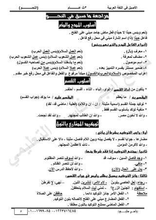 ‫األط‬
‫ُٮ‬ ٰٚ
‫وشتٰح‬ٛ‫ا‬ ‫ٌح‬ٜٛ‫ا‬
ٖ
‫ه‬ ‫ز‬
‫ـــــــــــ‬
( ٝ‫ا‬
٪‫ذـــــــــــــ‬٤ٛ‫ا‬
)
‫(ياس‬
‫ـ‬‫ـ‬‫ـ‬‫ـ‬‫ـ‬‫ـ‬‫ـ‬‫ـ‬‫ـ‬‫ـ‬‫ـ‬‫ـ‬
‫سلي‬ ‫ر‬
‫ـ‬‫ـ‬‫ـ‬‫ـ‬‫ـ‬‫ـ‬‫ـ‬‫ـ‬‫ـ‬‫ـ‬‫ـ‬‫ـ‬‫ـ‬‫ـ‬‫ـ‬‫ـ‬‫ـ‬‫ـ‬‫ـ‬‫ـ‬‫ـ‬‫ـ‬‫ـ‬‫ـ‬‫ـ‬‫ـ‬‫ـ‬
)‫م‬
53661534253
-
53553477563
5
‫مراجعة‬
‫في‬ ‫سبق‬ ‫ما‬
‫النحــــو‬
‫والذو‬ ‫املدح‬ ‫أصلوب‬
‫دت‬ٝ ْ‫(ٗؼ‬
. ‫ثُلضر‬ ٠ِ‫ػ‬ ٢٘‫ٓذ‬ ‫خجٓذ‬ ‫ٓجع‬ َ‫كؼ‬ )‫زذزث‬ ‫ال‬ ‫زذزث‬ ‫ظ‬
َ‫كجػ‬
‫زذزث‬
. َ‫كجػ‬ ‫سكغ‬ َ‫ٓس‬ ٢‫ك‬ ٢٘‫ٓذ‬ ‫إشجسر‬ ْ‫ثع‬ )‫(رث‬
)‫وبئس‬ ‫نعم‬ ‫والذم‬ ‫للمدح‬ ‫الفاصل‬ ‫(أنواع‬
1
-
. )ٍ‫(دأ‬ ‫ٓؼشف‬
ْ‫(ٗؼ‬
َٔ‫ثُؼ‬
‫ثُغالّ)(دتظ‬
َٔ‫ثُؼ‬
)‫ثُسشح‬
2
-
. ‫ُٔؼشكز‬ ‫ٓؼجف‬
ْ‫(ٗؼ‬
َٔ‫ػ‬
‫ثُشؼ‬
‫(دتظ‬ )ّ‫ثُغال‬ ‫ح‬ٞ
َٔ‫ػ‬
)‫ثُسشح‬ ‫ح‬ٞ‫ثُشؼ‬
3
-
. ٍٞ‫ط‬ٞٓ ْ‫ثع‬
ْ‫(ٗؼ‬
ٓ
‫ثُغالّ)(دتظ‬ ‫شـِ٘ج‬٣ ‫ج‬
ٖٓ
)ٍٞ‫ثٌُغ‬ ٚ‫صظجزذ‬
4
-
. ٙ‫دؼذ‬ ‫ض‬٤٤ٔ‫ثُض‬ ٙ‫لغش‬٣ ‫ٓغضضش‬ ‫ش‬٤ٔ‫ػ‬
ْ‫(ٗؼ‬
‫ػٔال‬
‫(دتظ‬ )ّ‫ثُغال‬
‫ػٔال‬
)‫ثُسشح‬
( ‫ص‬ٞ‫ثُٔخظ‬ ‫إػشثح‬
ّ‫ثُغال‬
()
‫ثُسشح‬
()
ٍٞ‫ثٌُغ‬
‫سكغ‬ َ‫ٓس‬ ٢‫ك‬ َ‫ثُلجػ‬ٝ َ‫ثُلؼ‬ٝ ‫ع‬ٞ‫ٓشك‬ ‫ٓذضذأ‬ )
. ّ‫ٓوذ‬ ‫خذش‬
‫القضه‬ ‫أصلوب‬
ٖٓ ٌٕٞ‫ض‬٣ *
‫القسم‬ ‫أداة‬
.‫أزِق‬ , ْ‫أهغ‬ , ‫ثُضجء‬ , ‫ثُذجء‬ ,ٝ‫ث‬ُٞ‫ث‬ /
‫به‬ ‫المقسم‬
ْ‫ُؼظ‬
٣ ‫ٓج‬ /
‫صليه‬ ‫المقسم‬
)ْ‫ثُوغ‬ ‫ثح‬ٞ‫(خ‬ ‫ؤًذ‬٣ ‫ٓج‬ /
)‫ُوذ‬ ,‫هذ‬ ٢‫ٓجػ‬ / ‫ز‬٤ِ‫(كؼ‬ )ّ‫ثُال‬ٝ ٕ‫إ‬ , ٕ‫إ‬ / ‫ٓثذضز‬ ‫ز‬٤ٔ‫(ثع‬ ْ‫ثُوغ‬ ‫خِٔز‬ ‫ذ‬٤ًٞ‫ص‬ *
. ‫كوؾ‬ ْ‫ثُوغ‬ ‫ح‬ِٞ‫دأع‬ ‫صؤًذ‬ ‫ز‬٤‫ٓ٘ل‬ *
-
.‫ٓظش‬ ٕٞ‫ٗخ‬ ‫ال‬ ‫ثهلل‬ٝ
-
.‫ذ‬ٜ‫ُٔدض‬ ‫ثُـجُخ‬ ٕ‫إ‬ ‫ثهلل‬ٝ
-
‫ٗدسش‬ ‫ُوذ‬ ‫ثهلل‬ٝ
.
ٌ‫باليو‬ ‫املطارع‬ ‫توكيد‬
: ‫يأتي‬ ‫أن‬ ‫بشرط‬ ‫التوكيد‬ ‫واجب‬ : ‫أوال‬
‫ٓؼجسػج‬
-
ْ‫ُوغ‬ ‫ثدج‬ٞ‫خ‬
-
َ‫كجط‬ ّ‫ثُال‬ ٖ٤‫د‬ٝ ٚ٘٤‫د‬ َ‫لظ‬٣ ‫ال‬
-
‫ٓثذضج‬
-
. ٍ‫ثالعضوذج‬ ٠ِ‫ػ‬ ‫دثال‬
-
.ٖٓ‫ثُٔؤ‬ ّ
ٖٓ‫ألًش‬ ‫ثهلل‬ٝ
-
.‫ذ‬ٜ‫ثُٔدض‬ ّ
ٖٔ‫ألػظ‬ ‫صجهلل‬
‫شرط‬ ‫فقد‬ ‫إذا‬ ‫التوكيد‬ ‫ممتنع‬ : ‫ثانيا‬
‫ا‬
:‫منكا‬
1
-
َ‫كجط‬ ‫خذ‬ٝ
‫هذ‬ ,‫ف‬ٞ‫ع‬ , ٖ٤‫ثُغ‬
-
‫ثهلل‬ٝ
‫ف‬ٞ‫ُغ‬
.ِّٞ‫ثُٔظ‬ ‫ٗ٘ظش‬
2
-
٢‫ٓ٘ل‬
.
-
. ُْ‫ثُظج‬ ‫ٗ٘ظش‬ ُٖ ‫ثهلل‬ٝ
3
-
‫ثُسج‬ ٠ِ‫ػ‬ ٍ‫ذ‬٣
ٍ
)ٕ٥‫(ث‬
-
‫ثُذسط‬ ‫ألزلظ‬ ‫ثهلل‬ٝ
ٕ٥‫ث‬
.
: ‫القسم‬ ‫جواب‬ ‫في‬ ‫وليس‬ ‫بطلب‬ ‫يسبق‬ ‫التوكيد‬ ‫جائز‬ : ‫ثالثا‬
-
‫سخجء‬
:
َ‫ُؼ‬
ّ
ٖ‫د‬ٞ‫ض‬٣ ٢‫ثُؼجط‬
-
‫ثألٓش‬ ّ‫ال‬
:
‫ُضششد‬
.ٖ‫ثُِذ‬ ٖ
–
٢ٜٗ
:
‫ال‬
ّ
ٖ‫صلشؿ‬
-
ّ‫ج‬ٜ‫ثعضل‬
:
‫ثُضسع؟‬ ّ
ٖ٤٘‫أصد‬
-
٢٘ٔ‫ص‬
‫ش‬٤ُ
.ّ
ٖ‫ضسوو‬٣ ّ‫ثُغال‬
‫ٓالزظز‬
1
-
‫دثةٔج‬ ‫ذ‬٤ًٞ‫ثُض‬ ‫خجةض‬ ‫ثألٓش‬ َ‫ثُلؼ‬
.
ٖ‫زجكظ‬
‫ثُظالر‬ ٠ِ‫ػ‬
2
-
.‫ذ‬٤ًٞ‫ثُض‬ ٕٞ٘‫د‬ ُٚ‫الصظج‬ ‫ثُلضر‬ ٠ِ‫ػ‬ ٢٘‫ٓذ‬ ‫ثُٔؼجسع‬ َ‫ثُلؼ‬
3
-
. ‫ٓـِوج‬ ُٕٞ٘‫دج‬ ‫ذ‬٤ًٞ‫ثُض‬ ‫ٓٔض٘غ‬ ٢‫ثُٔجػ‬ َ‫ثُلؼ‬
‫ﻲ‬‫ﻣ‬‫ﯾ‬‫ﻠ‬‫ﻌ‬‫ﺗ‬‫ﻟ‬‫ا‬ ‫ت‬‫ﺳ‬‫ﺎ‬‫ﻓ‬ ‫ﻰ‬‫ﺟ‬‫ﯾ‬‫ا‬ ‫ﻊ‬‫ﻗ‬‫و‬‫ﻣ‬
 