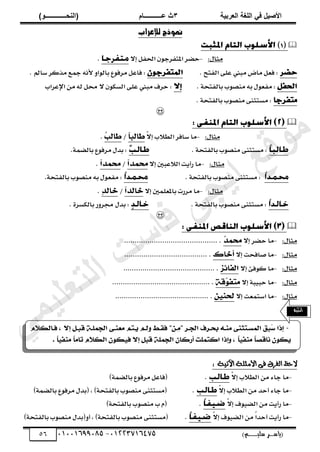‫األط‬
‫ُٮ‬ ٰٚ
‫وشتٰح‬ٛ‫ا‬ ‫ٌح‬ٜٛ‫ا‬
ٖ
‫ه‬ ‫ز‬
‫ـــــــــــ‬
( ٝ‫ا‬
٪‫ذـــــــــــــ‬٤ٛ‫ا‬
)
‫(ياس‬
‫ـ‬‫ـ‬‫ـ‬‫ـ‬‫ـ‬‫ـ‬‫ـ‬‫ـ‬‫ـ‬‫ـ‬‫ـ‬‫ـ‬
‫سلي‬ ‫ر‬
‫ـ‬‫ـ‬‫ـ‬‫ـ‬‫ـ‬‫ـ‬‫ـ‬‫ـ‬‫ـ‬‫ـ‬‫ـ‬‫ـ‬‫ـ‬‫ـ‬‫ـ‬‫ـ‬‫ـ‬‫ـ‬‫ـ‬‫ـ‬‫ـ‬‫ـ‬‫ـ‬‫ـ‬‫ـ‬‫ـ‬‫ـ‬
)‫م‬
53661534253
-
53553477563
56
‫لإلعراب‬ ‫منوذج‬

(
1
)
‫ًثاي‬
:
-
‫إال‬ ‫احلفى‬ ْ٘‫املتفشا‬ ‫حضش‬
.
. ‫اهفتح‬ ٟ‫عو‬ ‫ًب‬ ‫ًاض‬ ‫فعى‬ :
. ‫طامل‬ ‫ًزكش‬ ‫مجع‬ ُٕ‫أل‬ ٗ‫باه٘ا‬ ‫ًشف٘ع‬ ‫فاعى‬ :
. ٞ‫باهفتح‬ ‫ًِص٘ب‬ ٕ‫ب‬ ‫ًفع٘ي‬ :
‫اإلعشاب‬ ًّ ٕ‫ه‬ ‫مى‬ ‫ال‬ ْ٘‫اهظل‬ ٟ‫عو‬ ‫ًب‬ ‫حشين‬ :
. ٞ‫باهفتح‬ ‫ًِص٘ب‬ ِٟ‫ًظتث‬ :


‫ًثاي‬
:
-
ّ
‫ال‬‫إ‬ ‫اهطالب‬ ‫طافش‬ ‫ًا‬
/
.
. ٞ‫باهفتح‬ ‫ًِص٘ب‬ ِٟ‫ًظتث‬ :
.ٌٞ‫باهض‬ ‫ًشف٘ع‬ ‫بذي‬ :
‫ًثاي‬
:
-
‫إال‬ ‫اهالعبث‬ ‫ت‬ٙ‫سأ‬ ‫ًا‬
/
.
. ٞ‫باهفتح‬ ‫ًِص٘ب‬ ِٟ‫ًظتث‬ :
.ٞ‫باهفتح‬ ‫ًِص٘ب‬ ٕ‫ب‬ ‫ًفع٘ي‬ :
‫ًثاي‬
:
-
‫إال‬ ‫باملعوٌث‬ ‫ًشست‬ ‫ًا‬
/
.
. ٞ‫باهفتح‬ ‫ًِص٘ب‬ ِٟ‫ًظتث‬ :
. ٝ‫باهلظش‬ ‫جمشٗس‬ ‫بذي‬ :


‫ًثاي‬
:
-
‫إال‬ ‫حضش‬ ‫ًا‬
............................................ .
‫ًثاي‬
:
-
‫إال‬ ‫صافحت‬ ‫ًا‬
..................................... .
..
‫ًثاي‬
:
-
‫إال‬ ٤‫ك٘ف‬ ‫ًا‬
........................................... .
‫ًثاي‬
:
-
‫إال‬ ٞ‫ب‬ٚ‫حب‬ ‫ًا‬
.............................................. .
‫ًثاي‬
:
-
‫إال‬ ‫اطتٌعت‬ ‫ًا‬
............................................ .
‫اآلتي‬ ‫األمثلة‬ ‫فى‬ ‫الفرق‬ ‫الحظ‬
: ‫ة‬
-
ّ
‫ال‬‫إ‬ ‫اهطالب‬ ًّ ١‫اا‬ ‫ًا‬
)ٌٞ‫باهض‬ ‫ًشف٘ع‬ ‫(فاعى‬ .
-
ّ
‫ال‬‫إ‬ ‫اهطالب‬ ًّ ‫أحذ‬ ١‫اا‬ ‫ًا‬
)ٌٞ‫باهض‬ ‫ًشف٘ع‬ ‫(بذي‬ )ٞ‫باهفتح‬ ‫ًِص٘ب‬ ِٟ‫(ًظتث‬ .
-
ّ
‫ال‬‫إ‬ ‫٘ين‬ٚ‫اهض‬ ًّ ‫ت‬ٙ‫سأ‬ ‫ًا‬
)ٞ‫باهفتح‬ ‫ًِص٘ب‬ ‫ب‬ َ( .
-
ًّ ّ
‫ا‬‫أحذ‬ ‫ت‬ٙ‫سأ‬ ‫ًا‬
ّ
‫ال‬‫إ‬ ‫٘ين‬ٚ‫اهض‬
)ٞ‫باهفتح‬ ‫ًِص٘ب‬ ‫أٗ(بذي‬ )ٞ‫باهفتح‬ ‫ًِص٘ب‬ ِٟ‫(ًظتث‬ .
‫انتبه‬
‫ﻲ‬‫ﻣ‬‫ﯾ‬‫ﻠ‬‫ﻌ‬‫ﺗ‬‫ﻟ‬‫ا‬ ‫ت‬‫ﺳ‬‫ﺎ‬‫ﻓ‬ ‫ﻰ‬‫ﺟ‬‫ﯾ‬‫ا‬ ‫ﻊ‬‫ﻗ‬‫و‬‫ﻣ‬
 