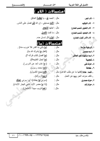 ‫األط‬
‫ُٮ‬ ٰٚ
‫وشتٰح‬ٛ‫ا‬ ‫ٌح‬ٜٛ‫ا‬
ٖ
‫ه‬ ‫ز‬
‫ـــــــــــ‬
( ٝ‫ا‬
٪‫ذـــــــــــــ‬٤ٛ‫ا‬
)
‫(ياس‬
‫ـ‬‫ـ‬‫ـ‬‫ـ‬‫ـ‬‫ـ‬‫ـ‬‫ـ‬‫ـ‬‫ـ‬‫ـ‬‫ـ‬
‫سلي‬ ‫ر‬
‫ـ‬‫ـ‬‫ـ‬‫ـ‬‫ـ‬‫ـ‬‫ـ‬‫ـ‬‫ـ‬‫ـ‬‫ـ‬‫ـ‬‫ـ‬‫ـ‬‫ـ‬‫ـ‬‫ـ‬‫ـ‬‫ـ‬‫ـ‬‫ـ‬‫ـ‬‫ـ‬‫ـ‬‫ـ‬‫ـ‬‫ـ‬
)‫م‬
53661534253
-
53553477563
70
( ‫استعماالت‬
‫الالم‬
)
1
-
‫اؾط‬ّ٫
.
‫حٿلڄي‬ : ‫ڃؼپ‬
‫هلل‬
-
‫ّخ‬
‫ح‬٠‫ول‬ٛ
‫حٿوخٿٶ‬
2
-
ّ٫
‫س‬ٝ‫ن‬ٛ‫ايت‬
‫ڃؼپ‬
:
‫د‬٣‫أل‬
ِ‫يّٸ‬ٛ
-
‫حهلل‬ ‫اڅ‬
٩‫ز‬ٛ
َ‫ڀ‬٫ ‫پ‬٠‫ٳ‬
.ّ‫حٿنخ‬
3
-
ًٌٝ‫ايتع‬ّ٫
‫تٓكب‬
‫املهاضع‬
‫حؿظيي‬ : ‫ڃؼپ‬
.‫جخ‬٤‫ر‬ٛ
4
-
‫ز‬ٛ‫اؾش‬ّ٫
‫تٓكب‬
‫املهاضع‬
.
‫ٻنض‬ ‫ڃخ‬ : ‫ڃؼپ‬
ٚ‫ألٗغ‬
.
5
-
‫ا٭َط‬ّ٫
‫ػ‬
‫املهاضع‬ّ‫ع‬
.
‫ڃؼپ‬
:
ْٝ‫ض‬ٰٜٛ
.‫كيه‬ ‫انٔخڅ‬ ‫ٻپ‬
)‫(ما‬ ‫استعماالت‬
1
-
١َ‫جاش‬ ١ٝ‫غسط‬
‫ڃؼپ‬
:
(
‫ا‬ٟ
ٍ‫حٿٸي‬ ‫رو‬ ِ‫ّؤط‬
. )‫ڃنو‬ ‫ىًَد‬ ‫ٳال‬
2
-
ٍٛ‫ص‬َٛ ِ‫اض‬
‫ڃؼپ‬
:
‫پ‬٬‫(حٳ‬
‫ا‬ٟ
.)‫رو‬ ‫حهلل‬ ‫ّؤڃَٹ‬
3
-
ٌ‫ايعاق‬ ‫يػري‬ ّ‫اضتفٗا‬ ِ‫اض‬
‫ڃؼپ‬
:
(
‫ا‬ٟ
.)‫؟‬ ‫ٷَأطو‬ ‫ٻظخد‬ ‫پ‬٠‫أٳ‬
4
-
١ٝ‫تعجب‬
‫ڃؼپ‬
:
(
‫ا‬ٟ
.)!‫ش‬٬ْ‫ز‬٤‫حٿ‬ ‫أؿڄپ‬
5
-
ٞ‫ْف‬ ‫حسف‬
‫ڃؼپ‬
:
(
‫ا‬ٟ
ٍّ‫حٿي‬ ‫ن‬٫ ‫أكي‬ ‫ٯخد‬
)
.
6
-
١‫ناف‬
: ‫ڃؼپ‬
(
‫ا‬٠٣‫ئ‬
‫ٌٍٓٽ‬ ‫ڃلڄي‬
.)
-
‫طاملا‬ ، ‫قًُا‬
‫(ٻٴظ‬
‫يخ‬
)‫پ‬٫‫حٿٴخ‬ ‫ڀذ‬٣ ‫ن‬٫ ‫ڃخ‬
‫ڃؼپ‬
:
(
‫ا‬٠ٜٓ
.)‫حٿټٌٔٽ‬ ‫ّنـق‬
-
َ‫حٿـ‬ ‫كَٱ‬ ‫طټٲ‬
)ٓ
‫ب‬‫(ز‬
‫ڄپ‬٬‫حٿ‬ ‫ن‬٫
‫ڃؼپ‬
:
(
‫ا‬٠‫ست‬
‫أًٍُٹ‬
)
.
7
-
‫حس‬
ٟ‫َصدز‬ ‫ف‬
: ‫ڃؼپ‬
ِ‫(َٓن‬
‫ا‬ٟ
ِ‫َٓن‬ :ُ‫أ‬ ‫ڄڀظو)أل‬٫
ٖٜ٠‫ه‬
8
-
‫د‬٥‫شا‬ ‫حسف‬
: ‫ڃؼپ‬
(
‫اًح‬
‫ا‬ٟ
‫حألرنخء‬ ٍ‫ٗـخ‬ ِ‫حنظي‬ ‫حألد‬ َ٠‫ك‬
.)
: ‫ڃؼپ‬
(
‫ا‬٠‫ه‬
‫حالڃظلخڅ‬ ‫ْٓزيأ‬ ‫ٷَّذ‬
.)
‫ﻲ‬‫ﻣ‬‫ﯾ‬‫ﻠ‬‫ﻌ‬‫ﺗ‬‫ﻟ‬‫ا‬ ‫ت‬‫ﺳ‬‫ﺎ‬‫ﻓ‬ ‫ﻰ‬‫ﺟ‬‫ﯾ‬‫ا‬ ‫ﻊ‬‫ﻗ‬‫و‬‫ﻣ‬
 