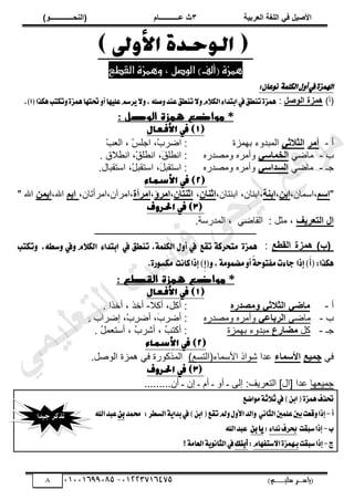 ‫األط‬
‫ُٮ‬ ٰٚ
‫وشتٰح‬ٛ‫ا‬ ‫ٌح‬ٜٛ‫ا‬
ٖ
‫ه‬ ‫ز‬
‫ـــــــــــ‬
( ٝ‫ا‬
٪‫ذـــــــــــــ‬٤ٛ‫ا‬
)
‫(ياس‬
‫ـ‬‫ـ‬‫ـ‬‫ـ‬‫ـ‬‫ـ‬‫ـ‬‫ـ‬‫ـ‬‫ـ‬‫ـ‬‫ـ‬
‫سلي‬ ‫ر‬
‫ـ‬‫ـ‬‫ـ‬‫ـ‬‫ـ‬‫ـ‬‫ـ‬‫ـ‬‫ـ‬‫ـ‬‫ـ‬‫ـ‬‫ـ‬‫ـ‬‫ـ‬‫ـ‬‫ـ‬‫ـ‬‫ـ‬‫ـ‬‫ـ‬‫ـ‬‫ـ‬‫ـ‬‫ـ‬‫ـ‬‫ـ‬
)‫م‬
53661534253
-
53553477563
8
)‫(ألف‬ ‫ٍنشة‬
‫و‬ ، ‫الوصل‬
‫القطع‬ ‫ٍنشة‬
‫يف‬‫اهلمزة‬
‫اكلمم‬ ‫ول‬
:‫نوعان‬
)‫(أ‬
‫ضج‬٠٧
ٛ‫ا‬
ٚ‫ط‬٪
:
.)‫(ا‬‫ٖهصا‬‫تهتب‬ٚ٠‫ُٖع‬‫ؼتٗا‬ٚ‫أ‬‫ٗا‬ًٝ‫ع‬ِ‫طغ‬ٜ٫ٚ,ً٘‫ق‬ٚ‫عٓس‬‫تٓطل‬٫ّٚ٬‫ايه‬٤‫ابتسا‬‫يف‬‫تٓطل‬٠‫ُٖع‬
: ‫الوصل‬ ‫همزة‬ ‫مواضع‬ *
‫أ‬
-
‫ش‬ٟ‫أ‬
‫صالشٮ‬ٛ‫ا‬
‫ريڄِس‬ ‫حٿڄزيًء‬
:
ْ‫ذ‬٬‫حٿ‬ ، ْْ‫حؿڀ‬ ،ْ‫د‬َٟ‫ح‬
‫د‬
-
ِٟ‫ڃخ‬
‫اعٮ‬٠‫خ‬ٛ‫ا‬
ً
َ‫أڃ‬
‫ه‬
ٍ‫ي‬ٜ‫ًڃ‬
‫ه‬
. ‫الٵ‬٤‫حن‬ ،ْ‫ٶ‬‫ڀ‬٤‫حن‬ ،َ
‫ٶ‬‫ڀ‬٤‫حن‬ :
‫ؿـ‬
-
ِٟ‫ڃخ‬
‫غذاعٮ‬ٛ‫ا‬
َ‫ًأڃ‬
‫ه‬
ٍ‫ي‬ٜ‫ًڃ‬
‫ه‬
.‫حٓظٸزخٽ‬ ،ْ‫پ‬‫حٓظٸز‬ ،َ‫پ‬‫حٓظٸز‬ :
"
ٞ‫اع‬
،‫حٓڄخڅ‬،
٢‫ات‬
،
‫ح‬٤‫ات‬
،
،‫حرنظخڅ‬ ،‫حرنخڅ‬
١‫ا‬٤‫اش‬
،
١‫را‬٤‫اش‬
،
‫شؤ‬ٟ‫ا‬
،
‫شأج‬ٟ‫ا‬
،
،‫حڃَأطخڅ‬،‫حڃَآڅ‬
ٞ‫اٯ‬
‫حهلل‬
،
‫ا‬
٢٠‫ٯ‬
‫حهلل‬
"
َ‫روشٯ‬ٛ‫ا‬ ٙ‫ا‬
: ‫ڃؼپ‬ ،
ِٟ‫حٿٸخ‬
.‫حٿڄيٍٓش‬ ،
‫ــــــــــــــــــــــــــــــــــــــــــــــــــــــــــــــــــــــــــــــــــ‬
)‫(ب‬
‫ٔـن‬ٛ‫ا‬ ‫ضج‬٠٧
:
٠‫ُٖع‬
‫تكع‬ ١‫َتشطن‬
,١ًُ‫ايه‬ ٍٚ‫أ‬ ‫يف‬
‫ت‬
‫يف‬ ‫ٓطل‬
٤‫ابتسا‬
,٘‫غط‬ٚ ‫يف‬ٚ ّ٬‫ايه‬
‫تهتب‬ٚ
‫إشا‬)َ‫أ‬(:‫ٖهصا‬
ٚ,١َُٛ‫َه‬ٚ‫أ‬ّ
١‫س‬ٛ‫َؿت‬‫ت‬٤‫دا‬
‫ناْت‬‫إشا‬)ِ
‫إ‬(
.٠‫ض‬ٛ‫َهػ‬
‫همز‬ ‫مواضع‬ *
: ‫القطع‬ ‫ة‬
‫أ‬
-
‫اػٮ‬ٟ
‫صالشٮ‬ٛ‫ا‬
٥‫ظذس‬ٟ٩
‫أٻال‬ ،‫أٻپ‬ :
-
. ‫أهٌح‬ ، ٌ‫أه‬
‫د‬
-
ِٟ‫ڃخ‬
‫شتاهٮ‬ٛ‫ا‬
‫ًأڃَه‬
ً
‫يٍه‬ٜ‫ڃ‬
. ‫َحد‬ٟ‫ا‬ ،ْ‫د‬ِ
َٟ‫أ‬ ،َ
‫د‬َٟ‫أ‬ :
‫ؿـ‬
-
‫ٻپ‬
‫ؼاسم‬ٟ
‫ريڄِس‬ ‫ڃزيًء‬
. ُ
‫پ‬‫ڄ‬٬‫أٓظ‬ ، ُ
‫د‬َٗ‫أ‬ ، ُ
‫ذ‬‫أٻظ‬ :
ِ‫ٳ‬
‫ٰن‬٠‫ج‬
‫اء‬٠‫األع‬
‫يح‬٫
‫حألٓڄخء‬ ً‫ٌٗح‬
)٪ٔ‫(حٿظ‬
‫حٿڄ‬
.‫پ‬ٌٛ‫حٿ‬ ‫ىڄِس‬ ِ‫ٳ‬ ‫ٌٻٌٍس‬
‫يخ‬٬ْ‫ؿڄ‬
‫أڅ‬ ‫ـ‬ ‫اڅ‬ ‫ـ‬ ‫أځ‬ ‫ـ‬ ً‫أ‬ ‫ـ‬ َ‫اٿ‬ :‫َّٲ‬٬‫حٿظ‬ ]‫[حٽ‬ ‫يح‬٫
.........
‫انع‬َٛ١‫ث‬٬‫ث‬‫يف‬)ٔ‫اب‬(٠‫ُٖع‬‫ؼصف‬
‫أ‬
-
ْٞ‫ايجا‬‫عًُني‬‫بني‬‫قعت‬ٚ‫إشا‬
‫قُس‬ :‫ايػطط‬١ٜ‫بسا‬‫يف‬)ٔ‫اب‬(‫تكع‬‫مل‬ٍٚٚ‫ا٭‬‫ايس‬ٚ
ٔ‫ب‬
‫عبس‬
‫اهلل‬
‫ب‬
-
‫غبكت‬‫إشا‬
٤‫ْسا‬‫عطف‬
:
ٔ‫ب‬‫ا‬ٜ
‫ع‬
‫اهلل‬‫بس‬
‫ز‬
-
‫غبكت‬‫إشا‬
ّ‫غتؿٗا‬٫‫ا‬٠‫بـُٗع‬
:
‫أبٓو‬
١َ‫ايعا‬١ْٜٛ‫ايجا‬‫يف‬
‫؟‬
‫جيدا‬ ‫تذكر‬
‫ﻲ‬‫ﻣ‬‫ﯾ‬‫ﻠ‬‫ﻌ‬‫ﺗ‬‫ﻟ‬‫ا‬ ‫ت‬‫ﺳ‬‫ﺎ‬‫ﻓ‬ ‫ﻰ‬‫ﺟ‬‫ﯾ‬‫ا‬ ‫ﻊ‬‫ﻗ‬‫و‬‫ﻣ‬
 